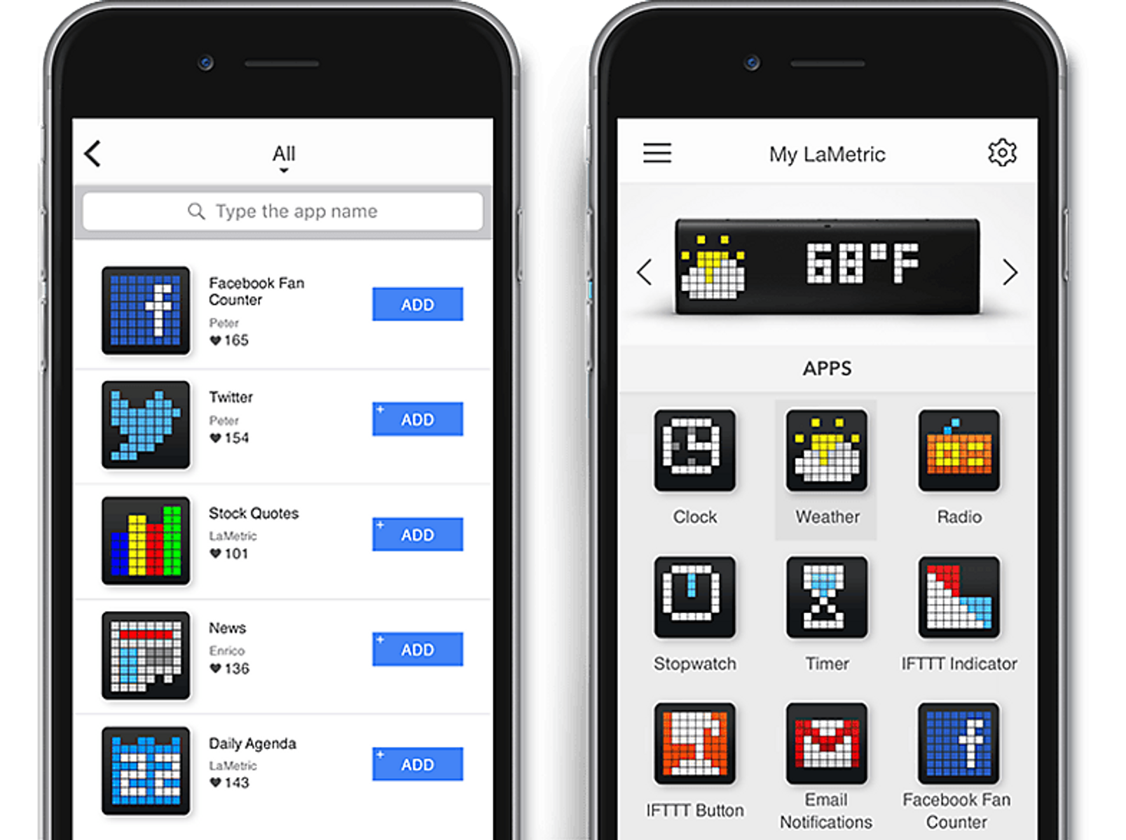 Captures d'écran d'interfaces d'applications sur deux smartphones, affichant liste et paramètres.