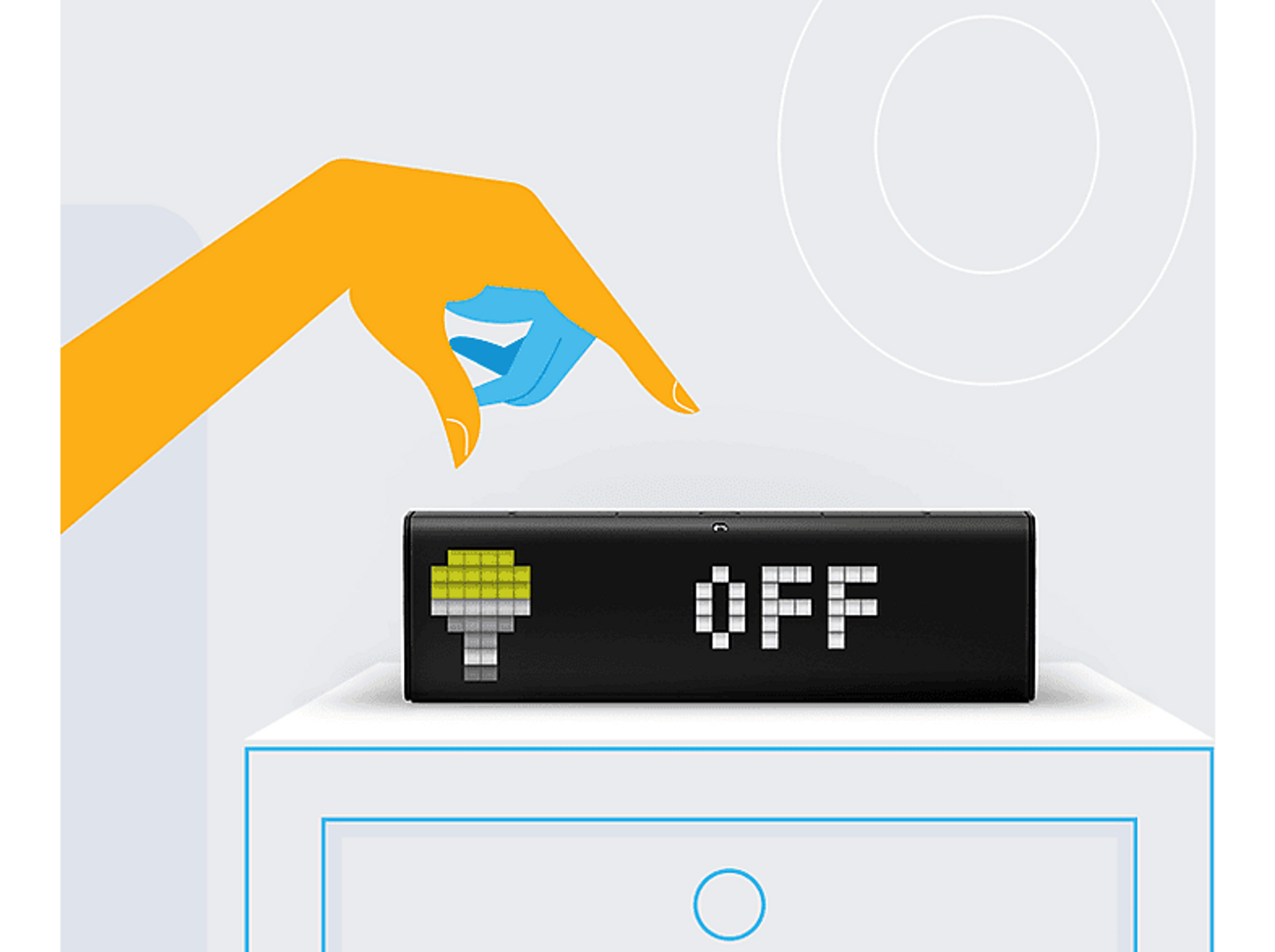 Main éteint l'appareil. L'appareil est noir, avec du texte pixélisé vert et blanc.