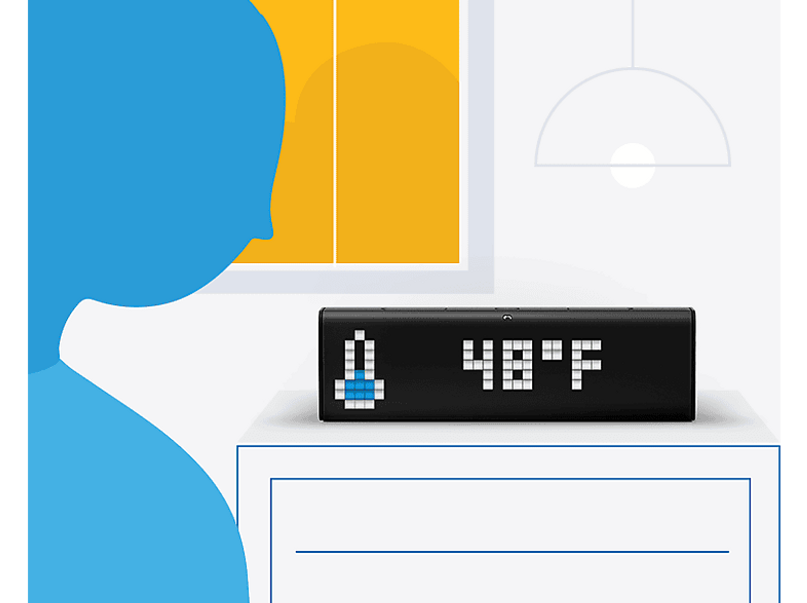 Un appareil numérique noir affichant 48°F, à côté d'une silhouette bleue d'une personne et d'un mur jaune.