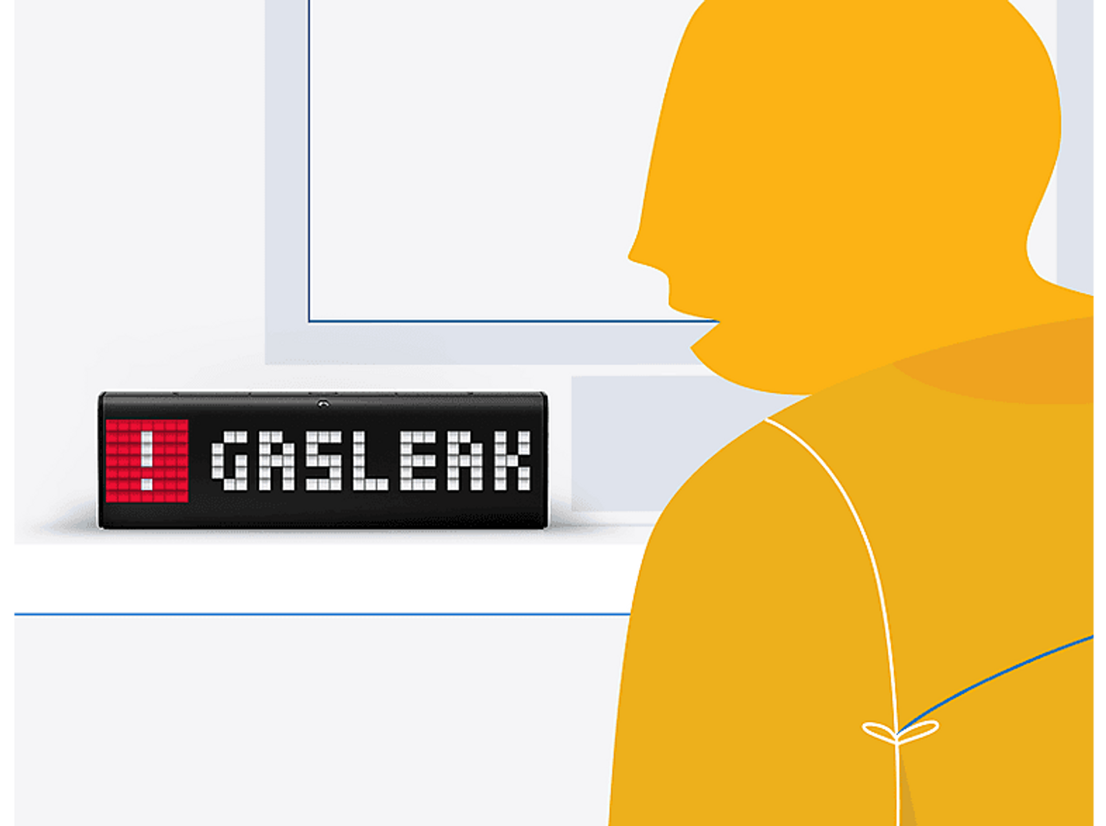 Illustration d'une personne regardant un avertissement de fuite de gaz. Le texte 'GASLEAK' est affiché.
