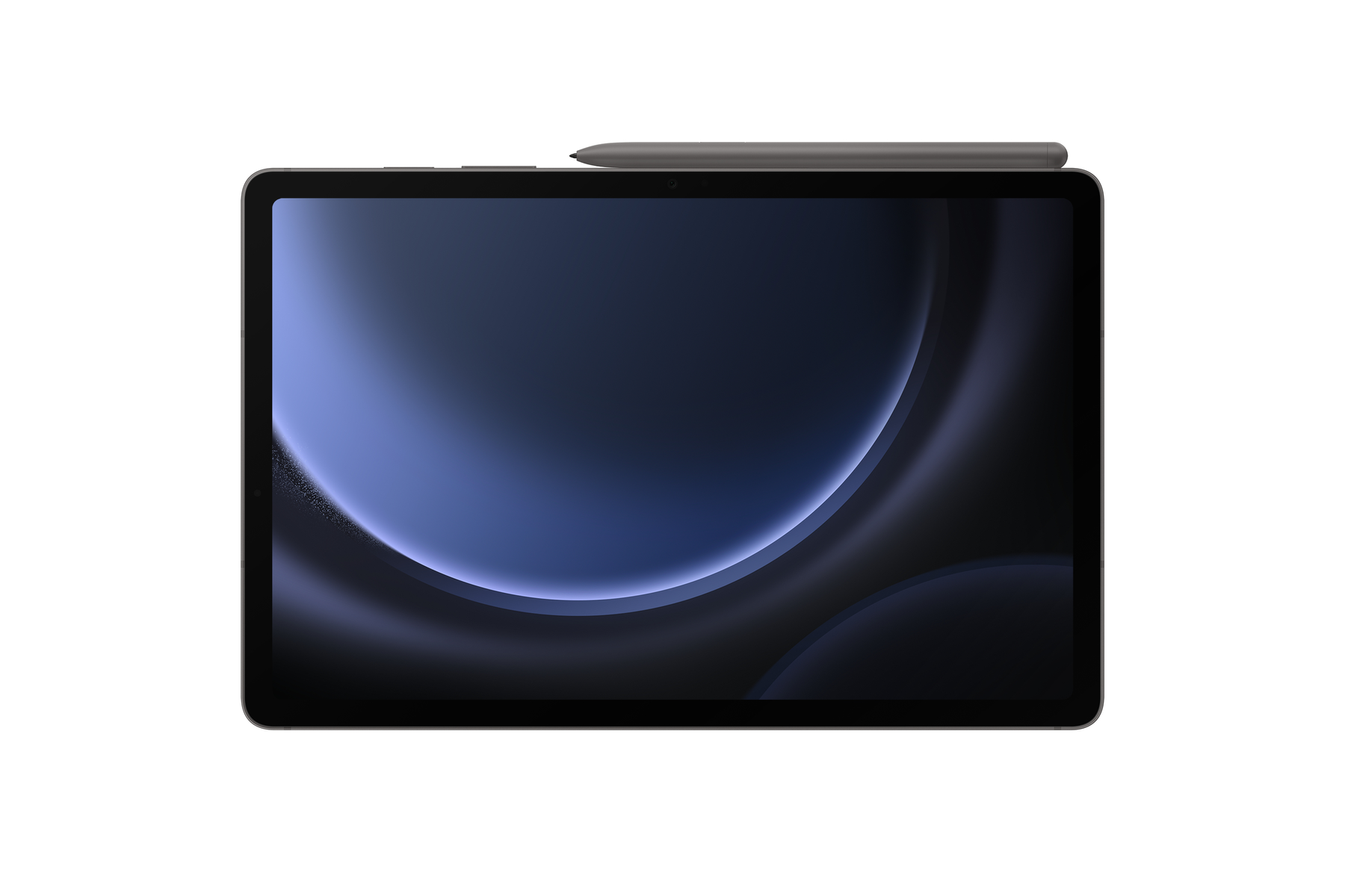 Una tableta con un lápiz óptico encima. La pantalla muestra un degradado azul.