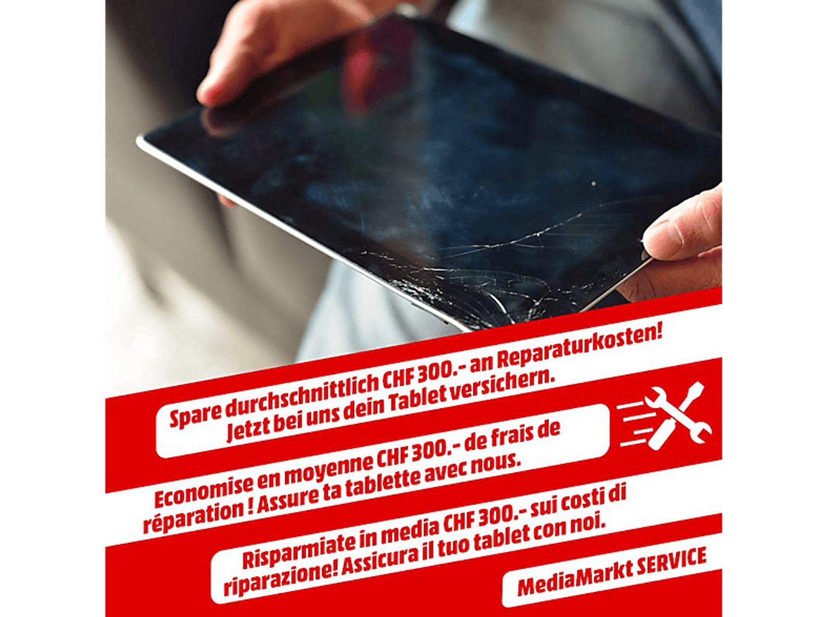 Hände halten ein zerbrochenes Tablet mit Text in roten Kästen, der Reparaturdienste bewirbt.