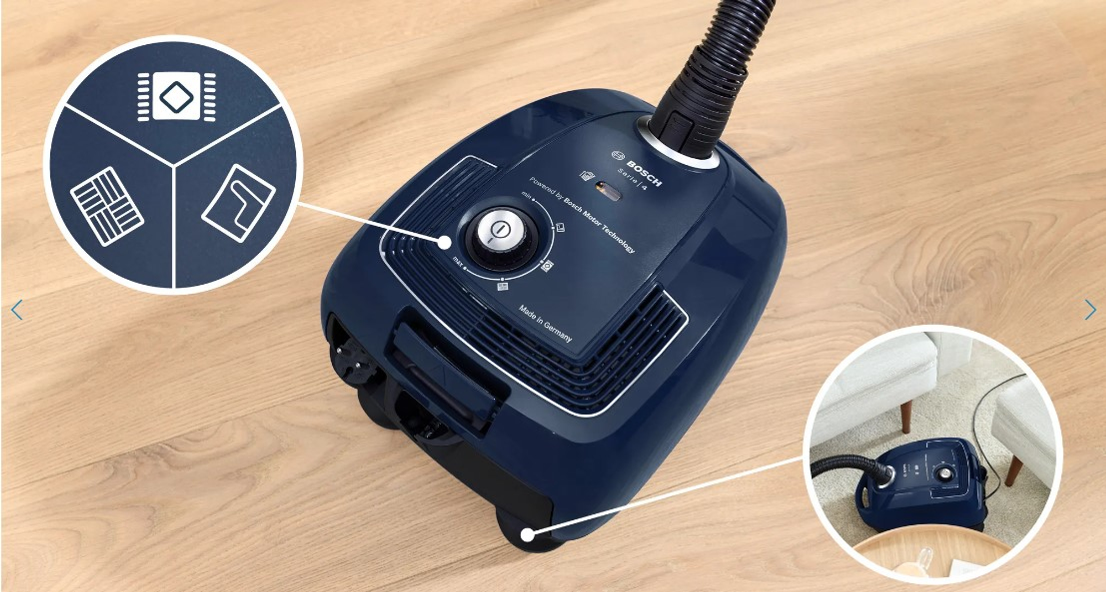 Ciemnoniebieski odkurzacz na drewnianej podłodze, z diagramami typów podłóg.