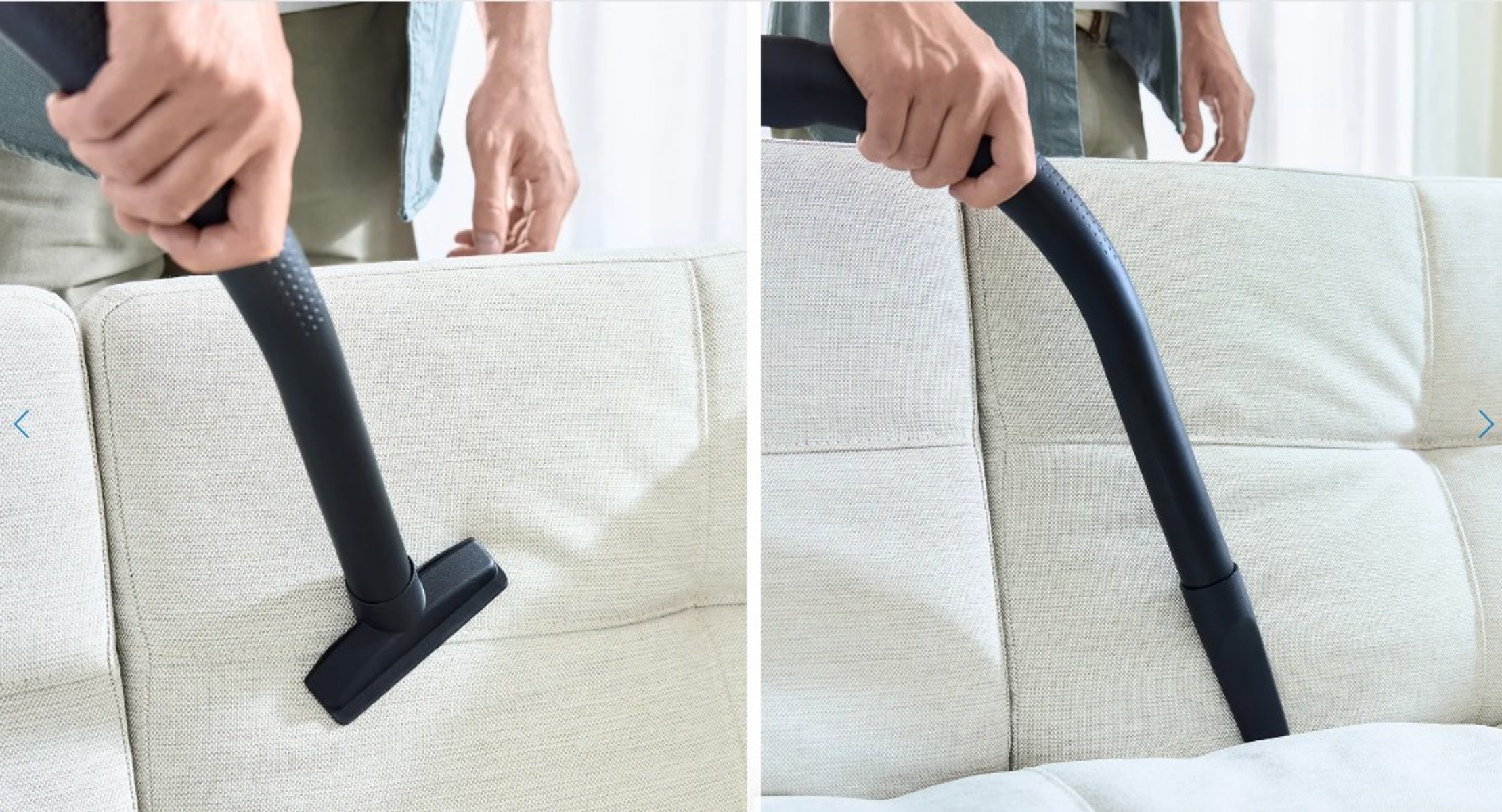 Dwa obrazy pokazują osobę używającą odkurzacza do czyszczenia białej sofy.