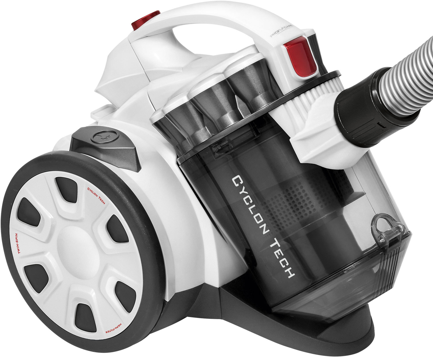 Weißer und grauer Staubsauger mit schwarzem Staubbehälter und Schlauch. Darauf steht CYCLON TECH.