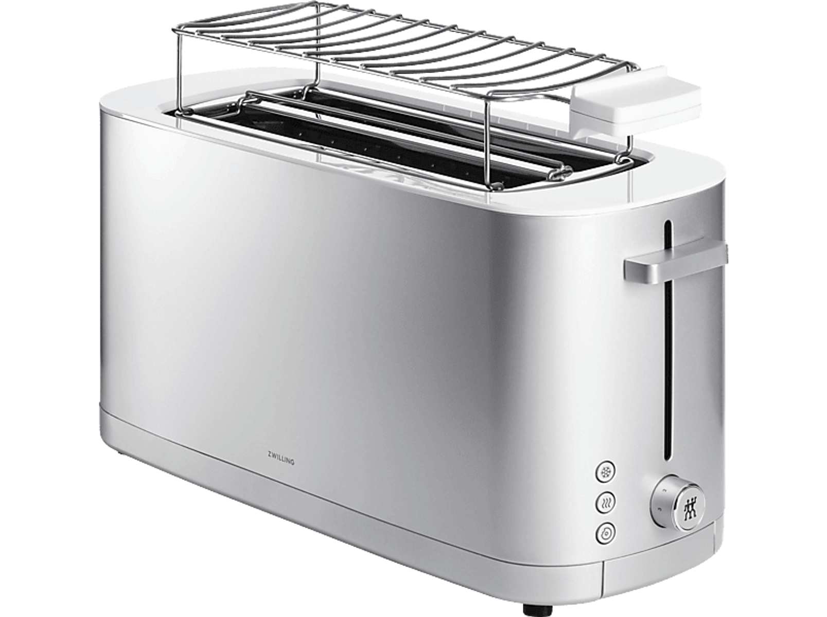 Biały toster z długą szczeliną, kratką do podgrzewania i przyciskami. Marka Zwilling jest z boku.