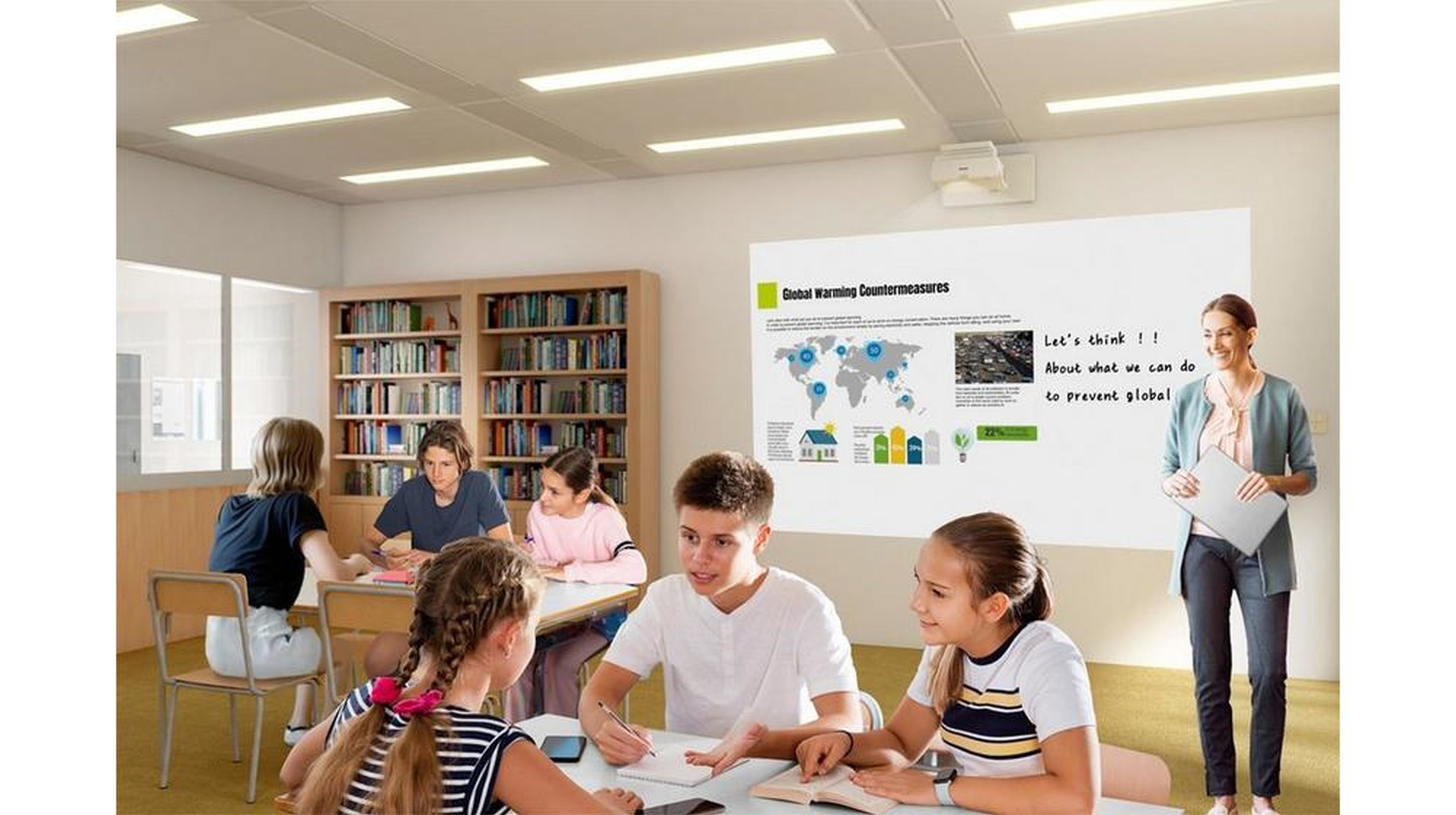 Scena w klasie ze studentami, nauczycielem, ekranem projektora i prezentacją na temat globalnego ocieplenia.