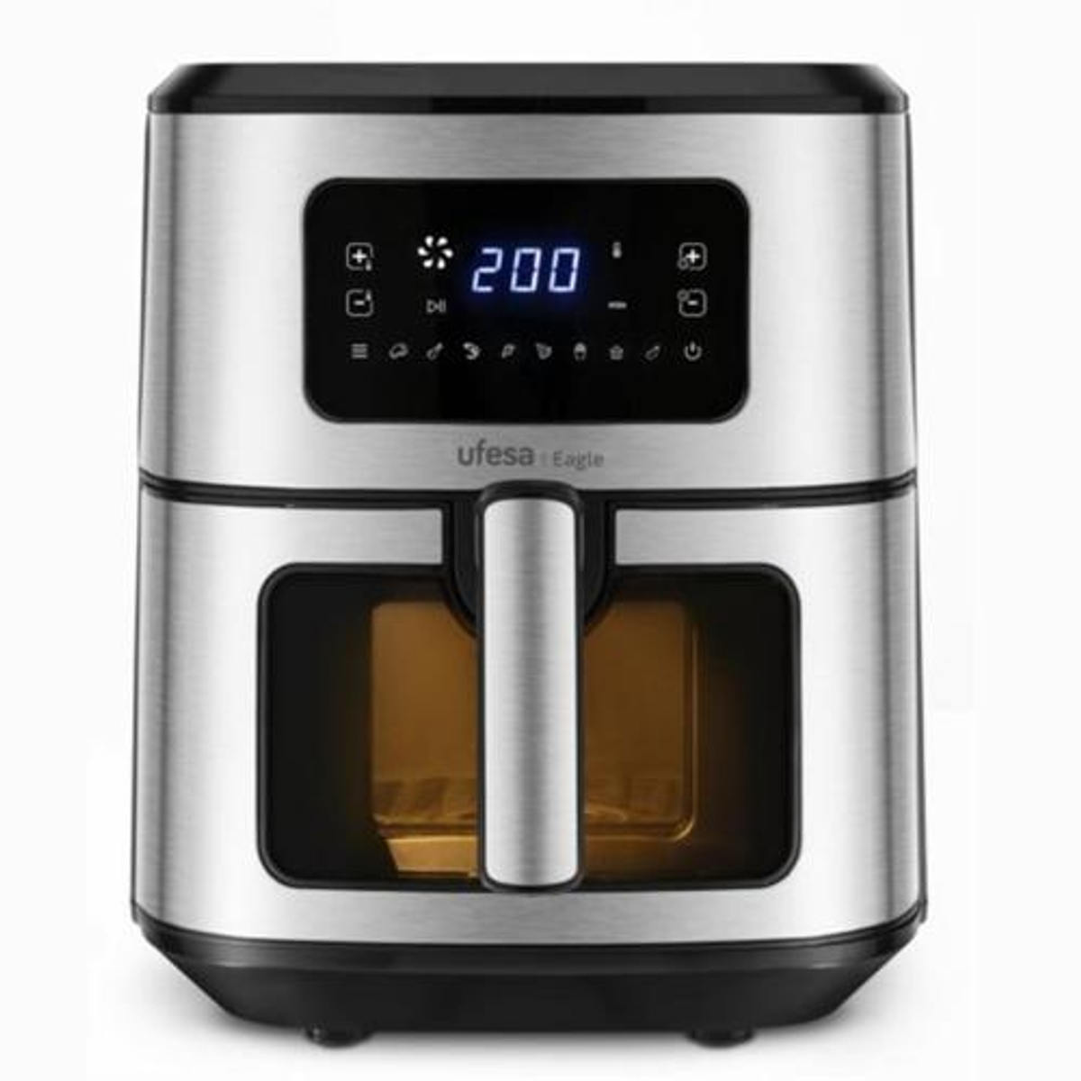 Srebrno-czarna frytownica Ufesa Eagle z wyświetlaczem i uchwytem.