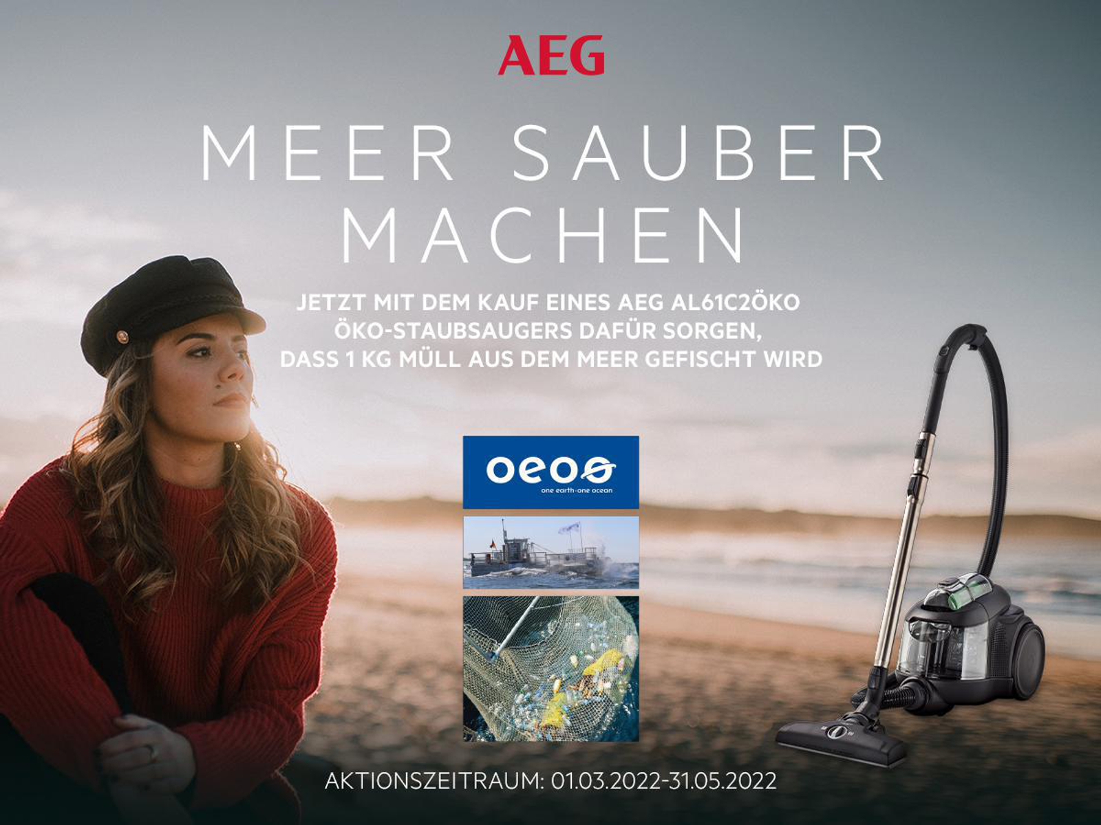 Kobieta na plaży, odkurzacz AEG i tekst: Meer Sauber Machen (Uczyń morze czystym).