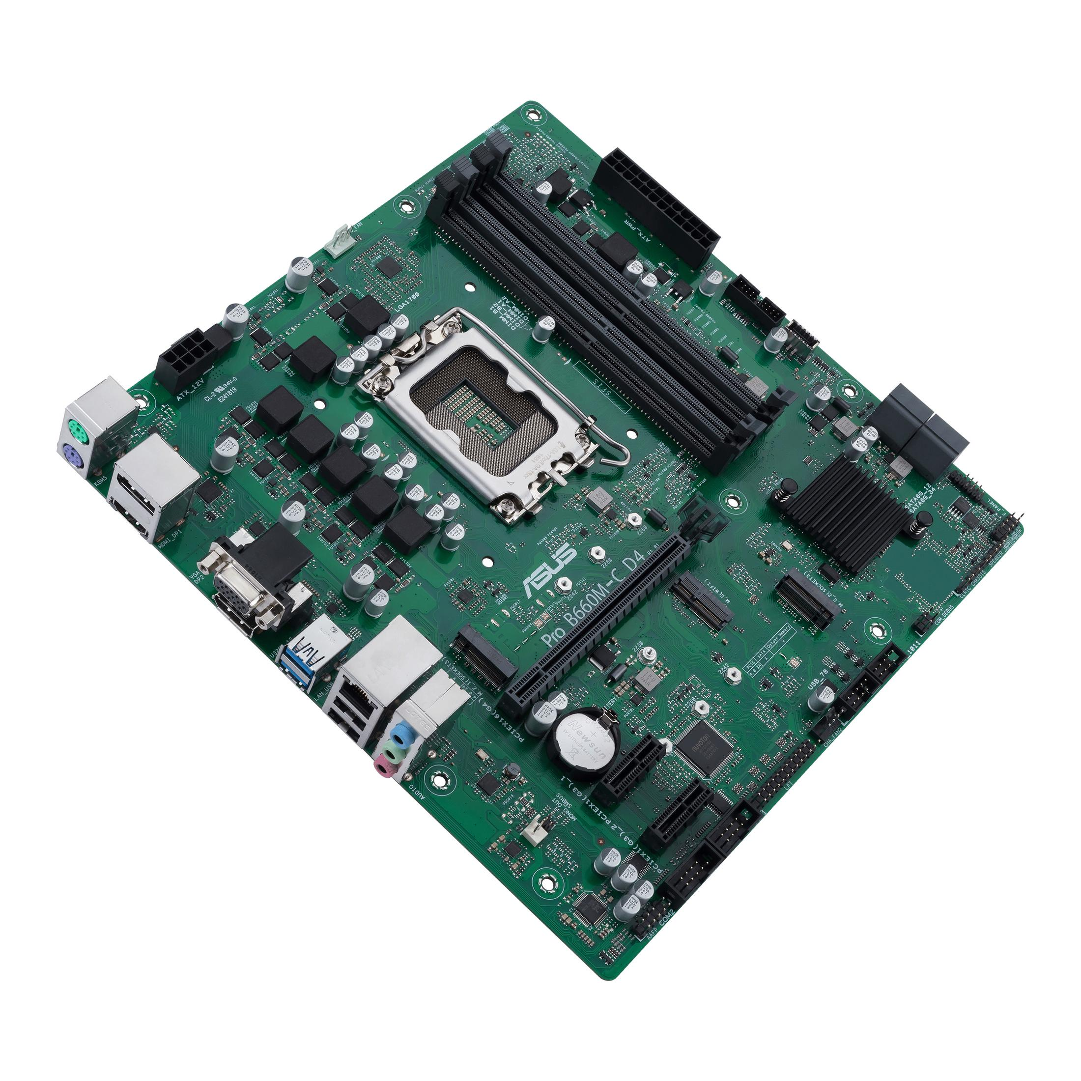 Scheda madre ASUS verde e nera. Ha diversi slot e componenti, tra cui un socket CPU.