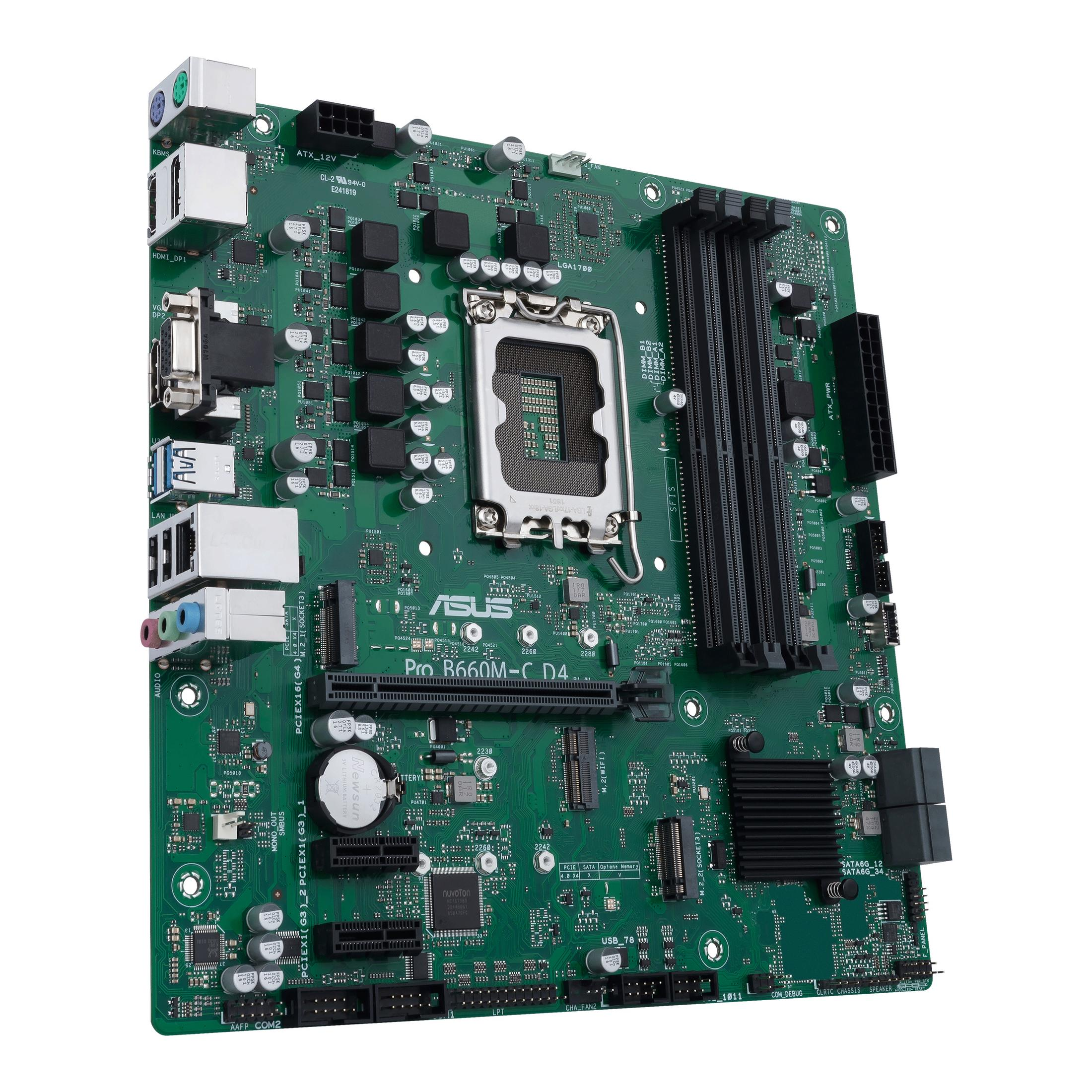 Scheda madre verde con vari componenti elettronici e connettori.