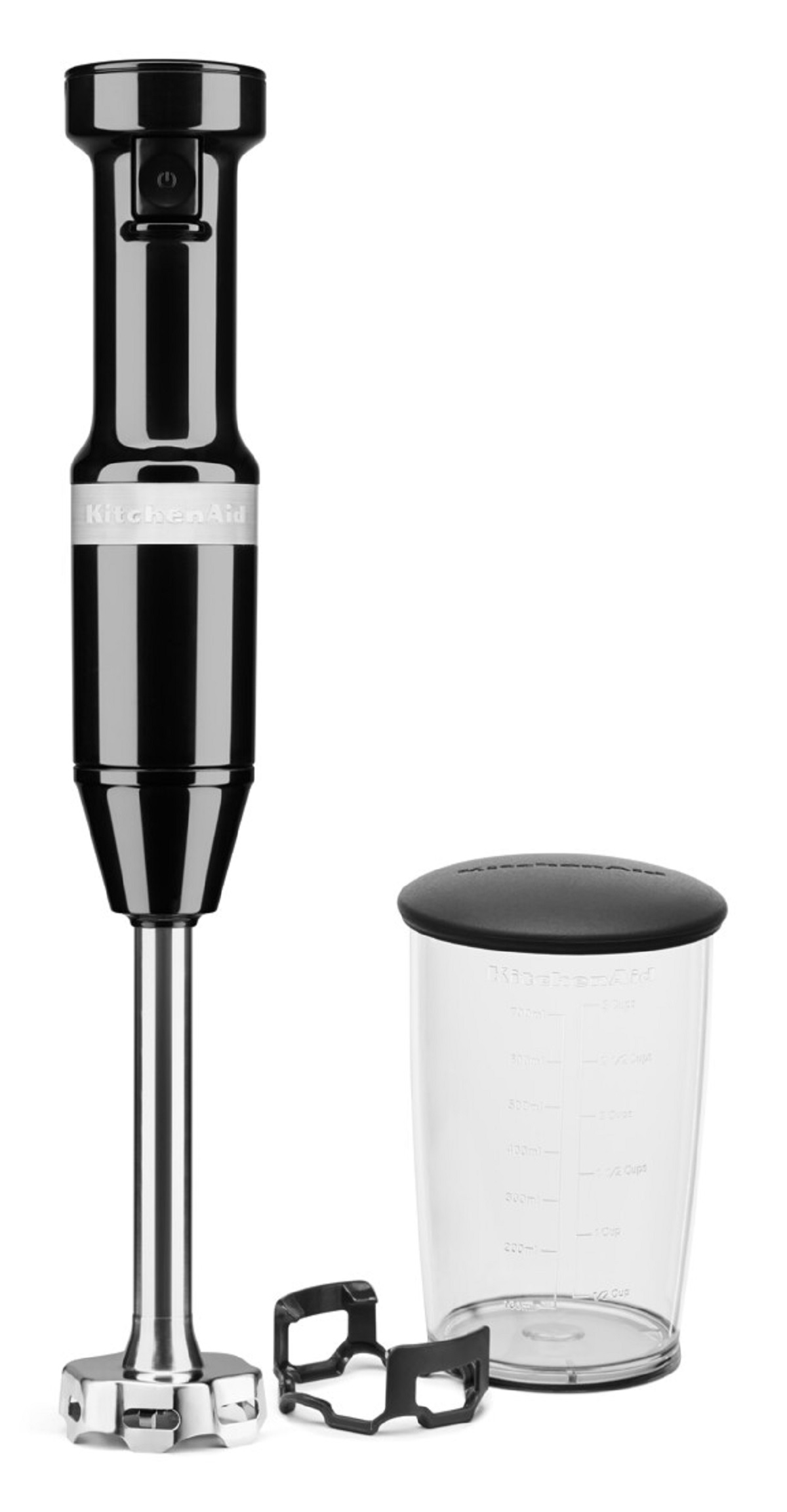 A black KitchenAid immersion blender with accessories on a white background.