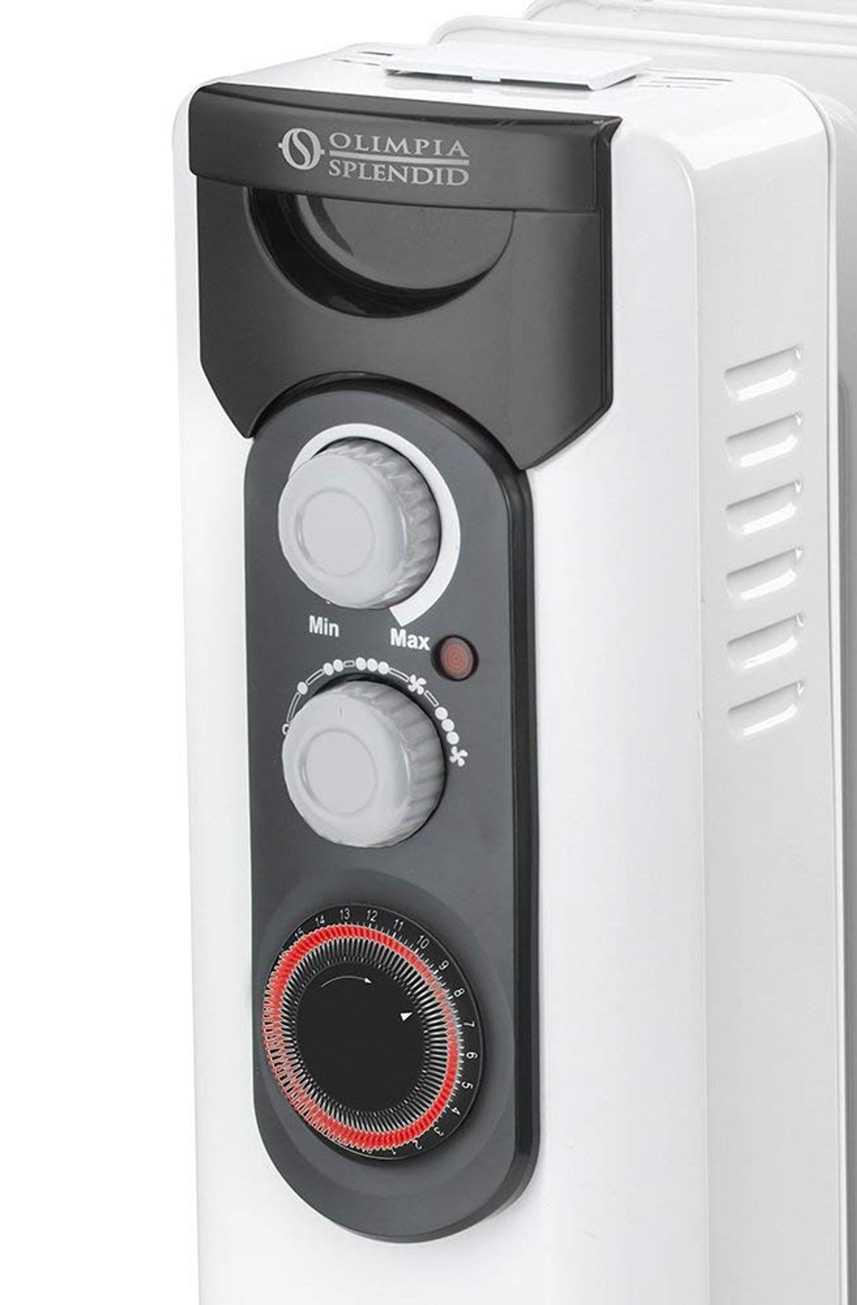 Zbliżenie na grzejnik olejowy z regulatorami temperatury i timera.