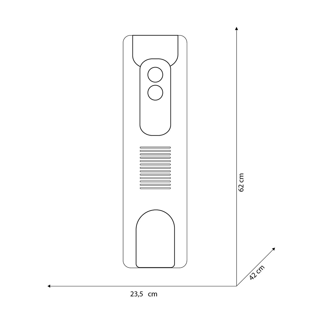 Czarno-biały diagram długiego, prostokątnego obiektu z zaokrąglonym końcem i dwoma kołami.
