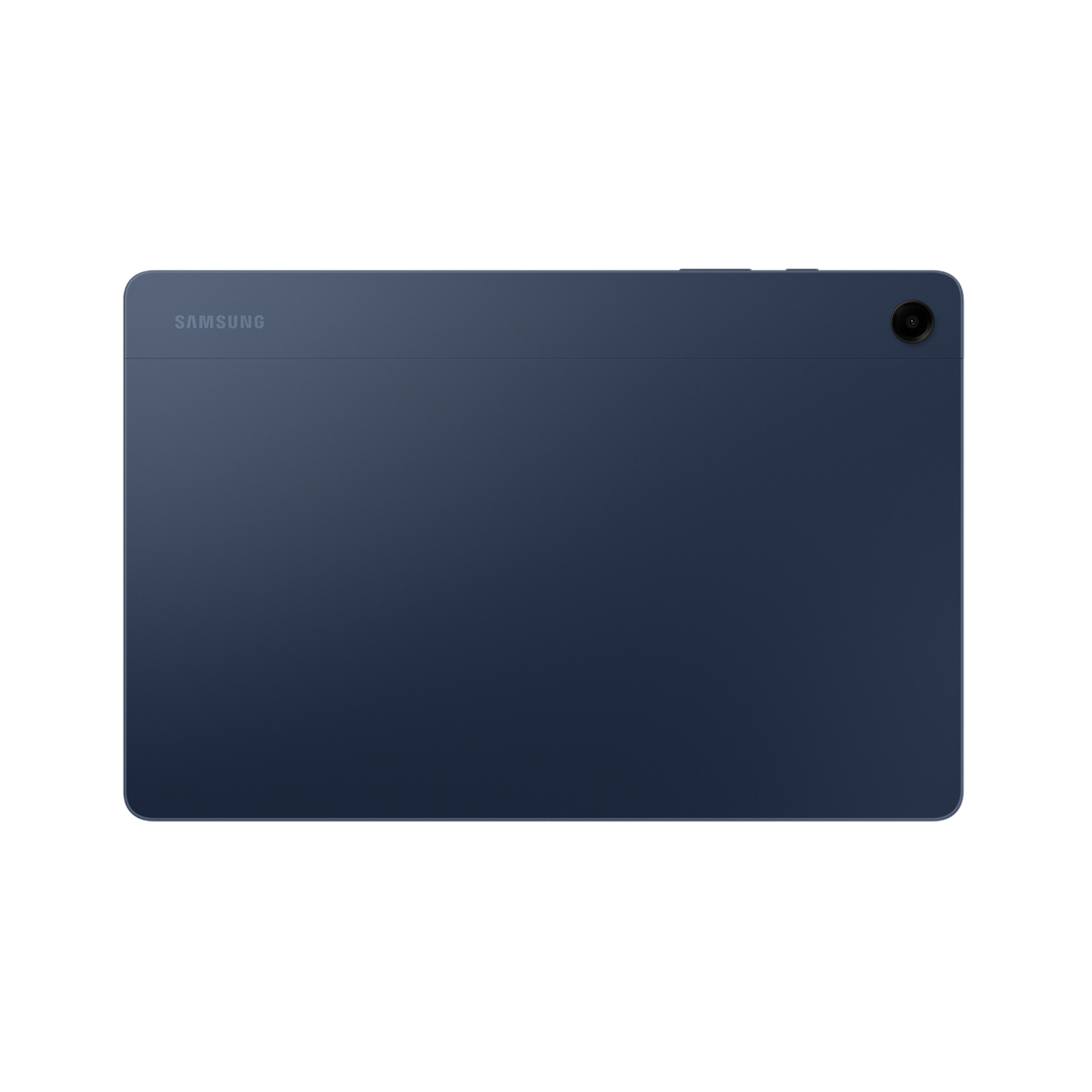 Retro di un tablet blu scuro. Obiettivo fotocamera in alto a destra. Logo Samsung in alto.