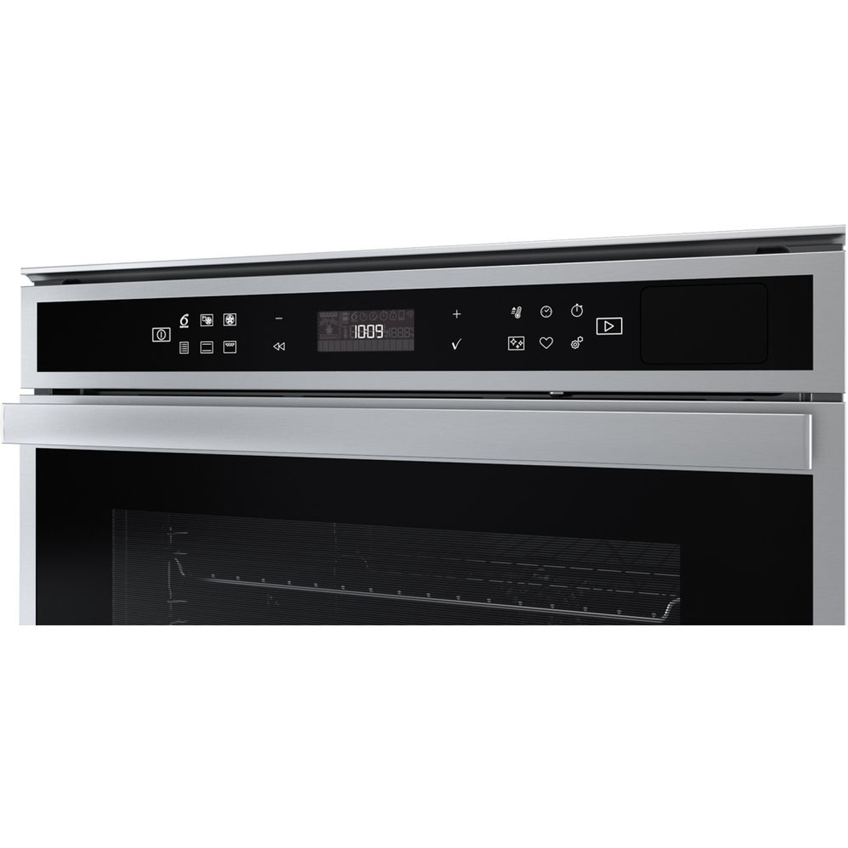 Panel de control del horno con botones, pantalla y borde de acero inoxidable.