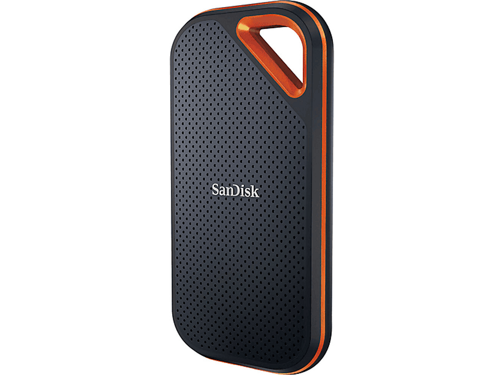 Czarny i pomarańczowy zewnętrzny dysk twardy SanDisk, wytrzymała konstrukcja, na białym tle.