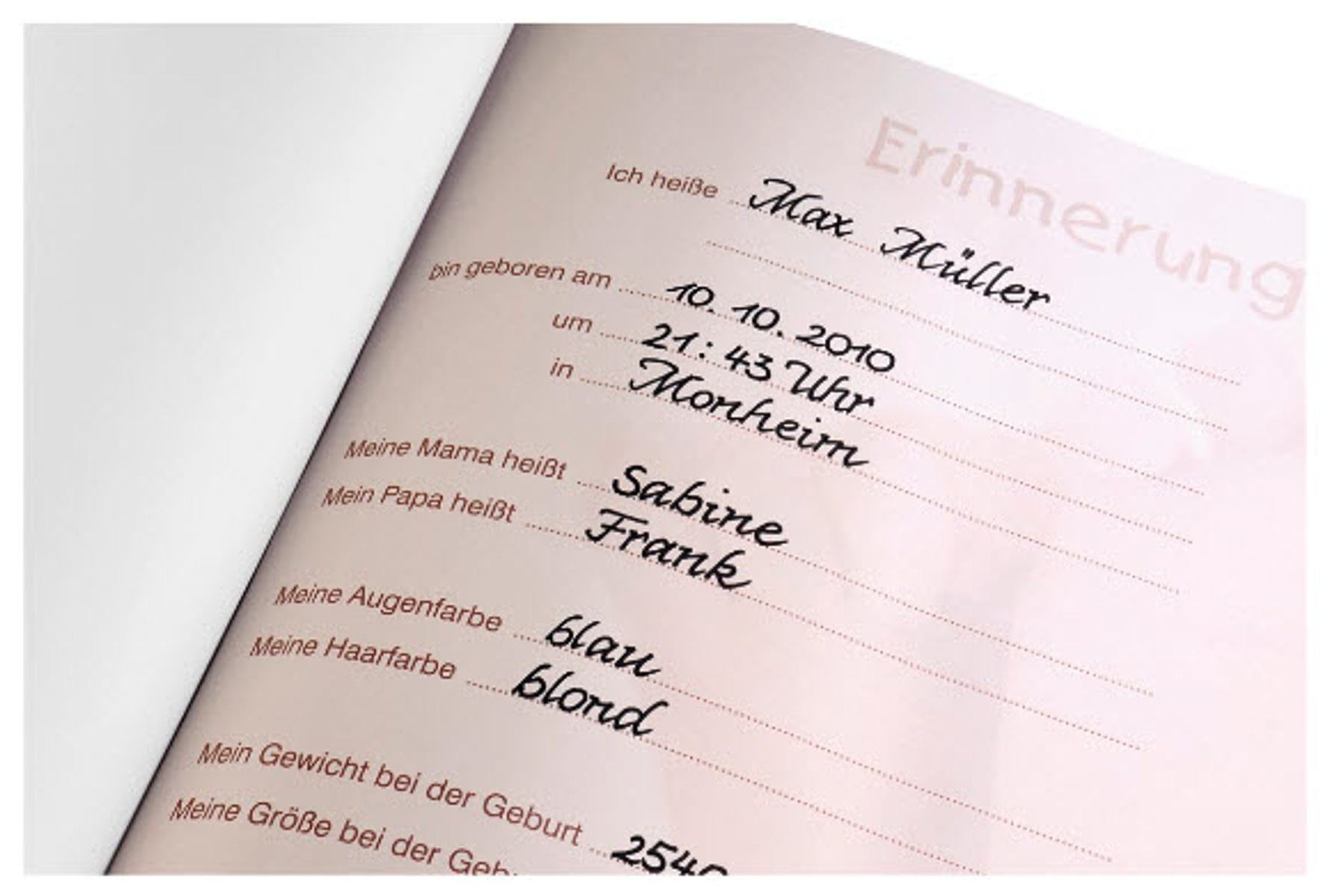 Otwarta książka z odręcznym tekstem. Imiona i szczegóły wypełnione niebieskim tuszem.