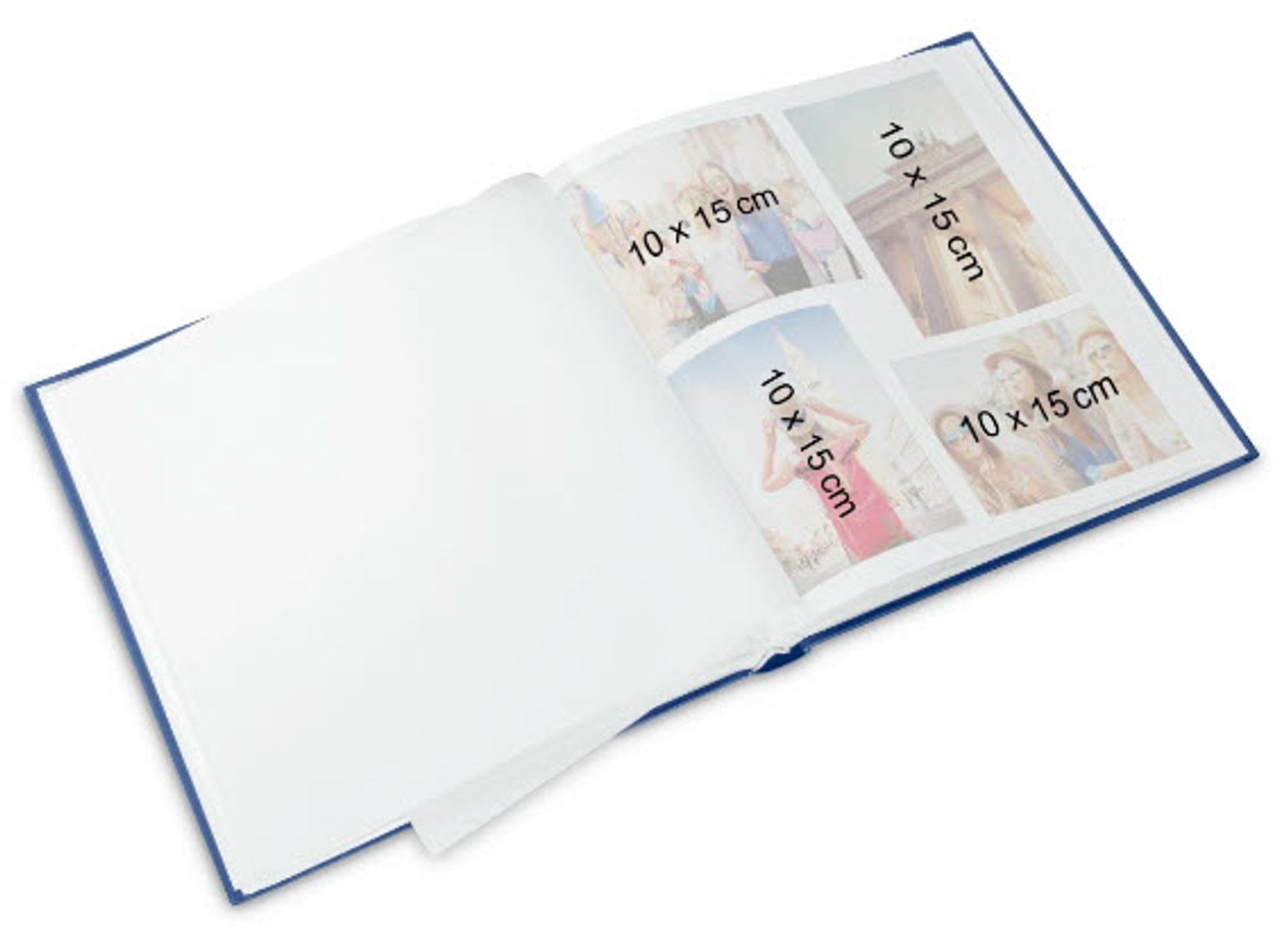 Otwarty album ze zdjęciami. Zdjęcia są oznaczone jako 10 x 15 cm. Widoczne białe strony.