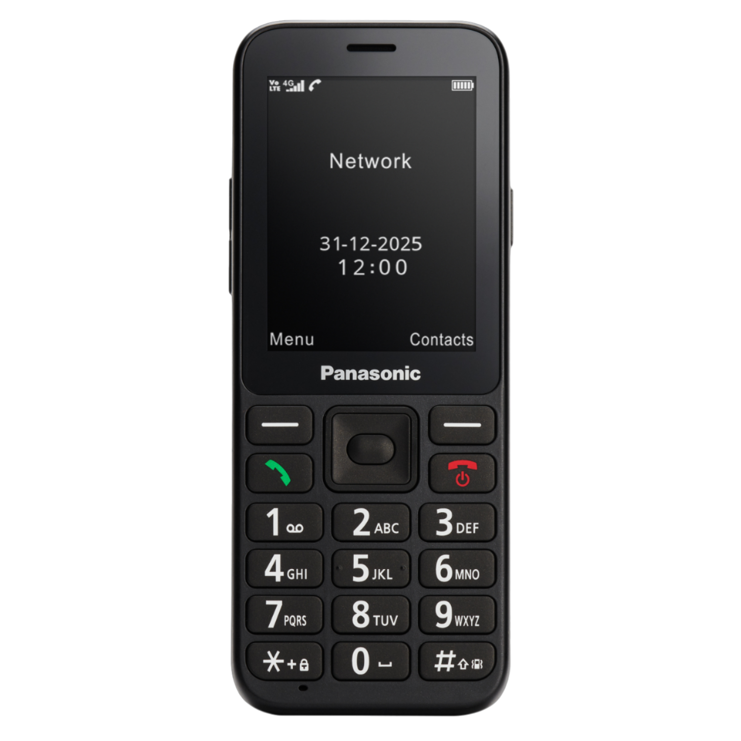 Czarny telefon Panasonic z ekranem pokazującym godzinę, datę i sygnał sieci.