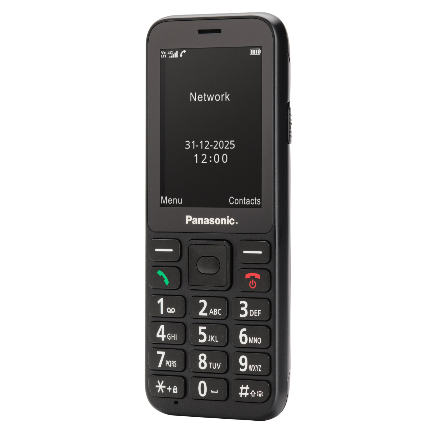 Czarny telefon komórkowy. Wyświetlacz pokazuje datę i godzinę oraz opcje menu/kontaktów. Przyciski z numerami i symbolami.