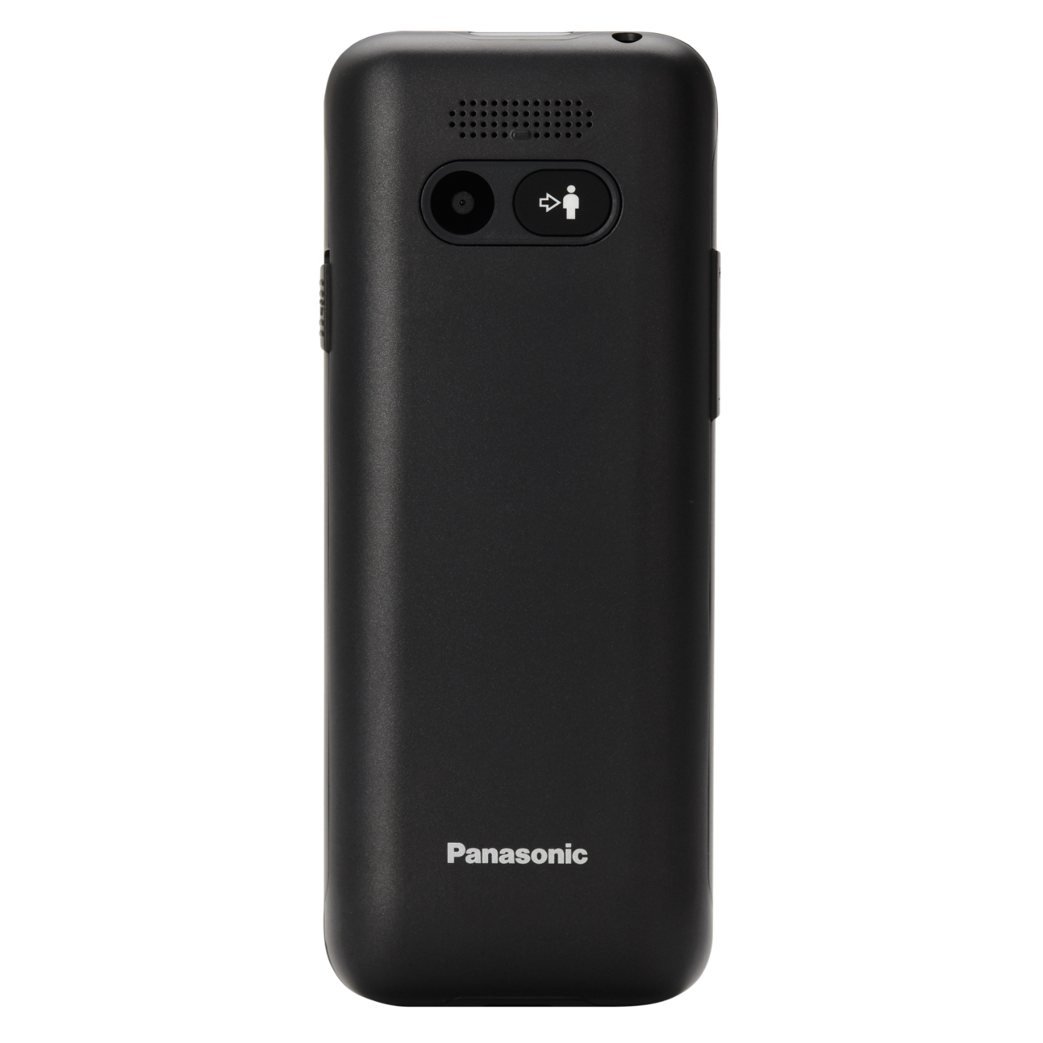 Czarny telefon bezprzewodowy z aparatem i przyciskiem połączenia na białym tle.