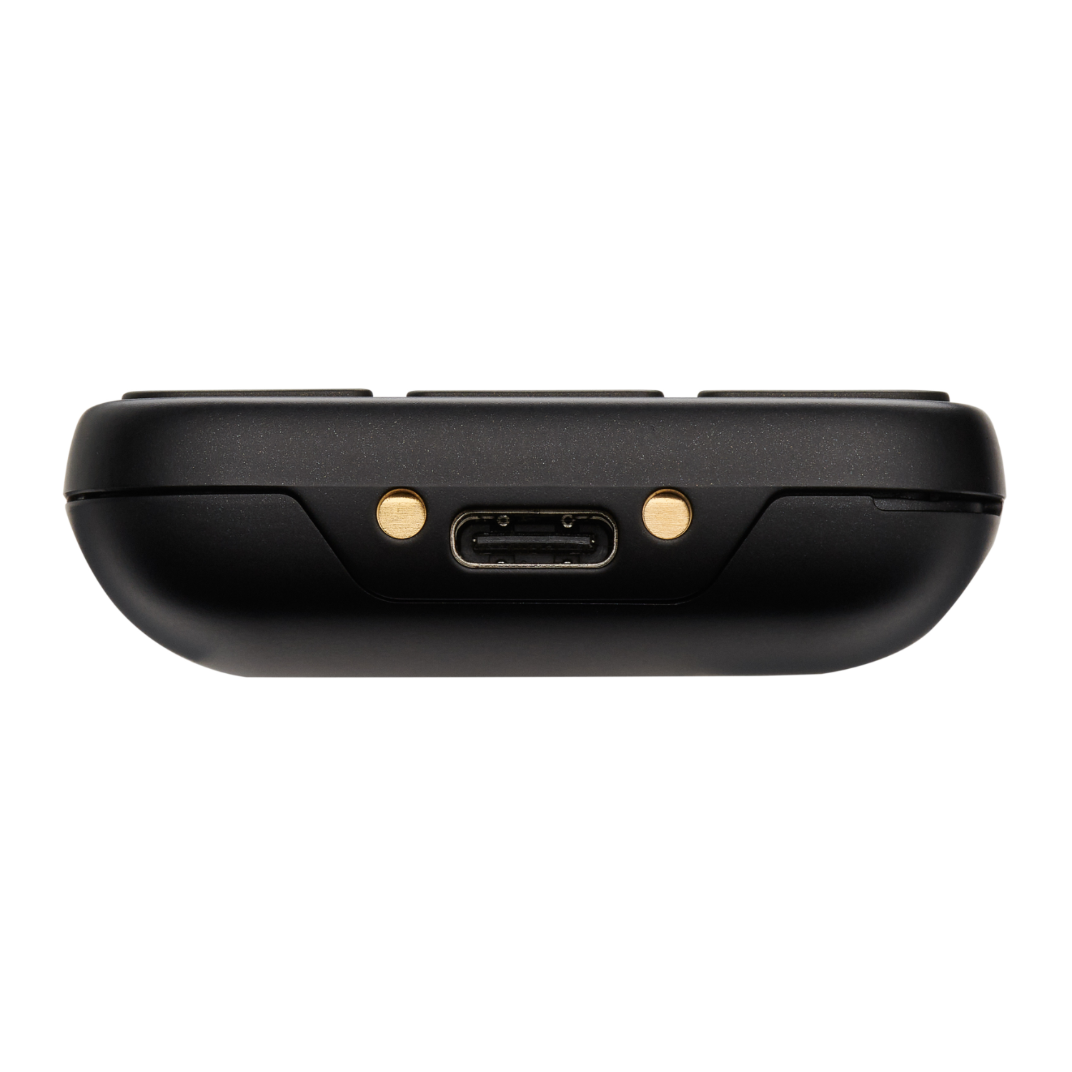 Czarny spód urządzenia. Ma port USB-C i dwa złote punkty kontaktowe. Białe tło.