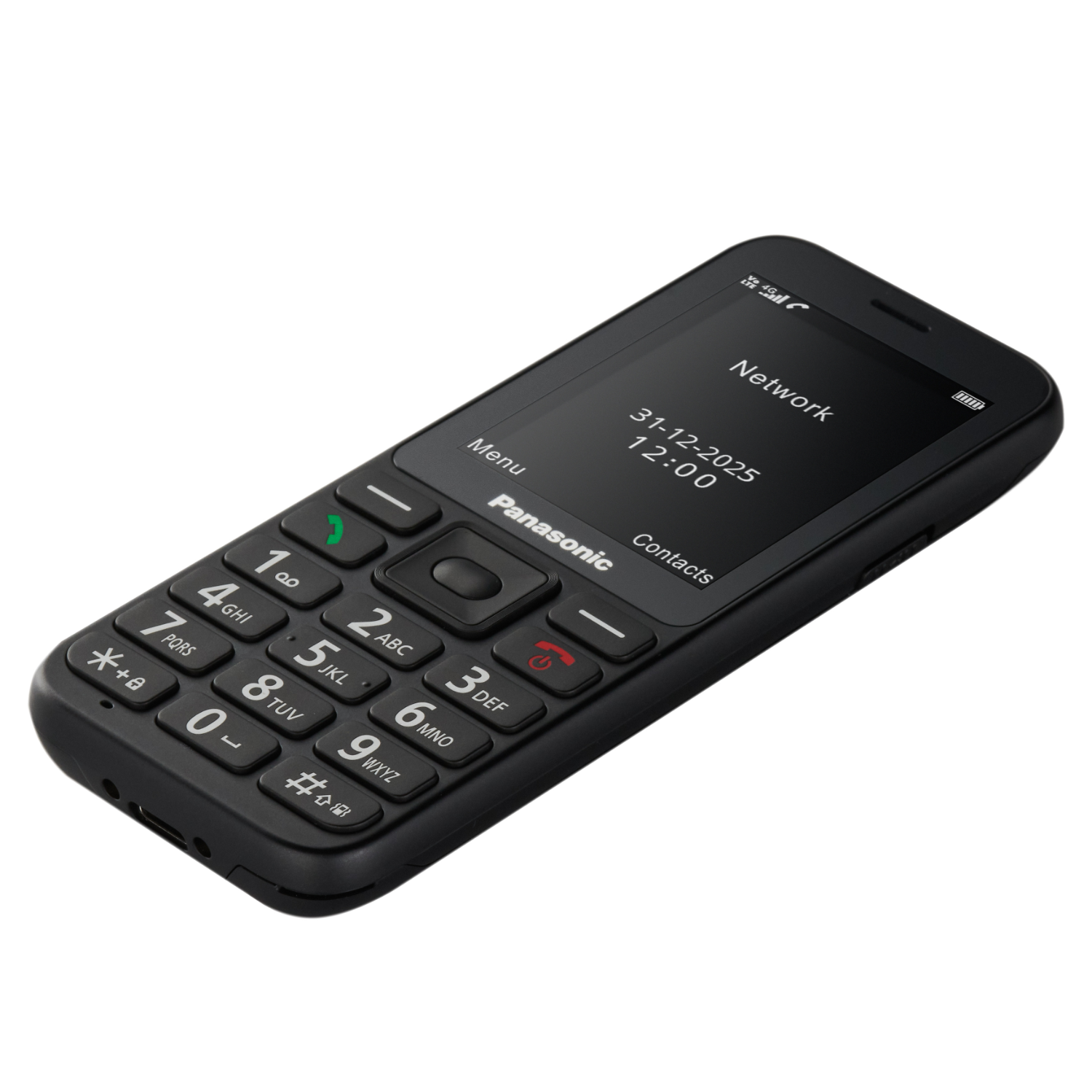 Czarny telefon Panasonic. Ekran wyświetla sieć, datę i godzinę. Przyciski do połączeń i menu.