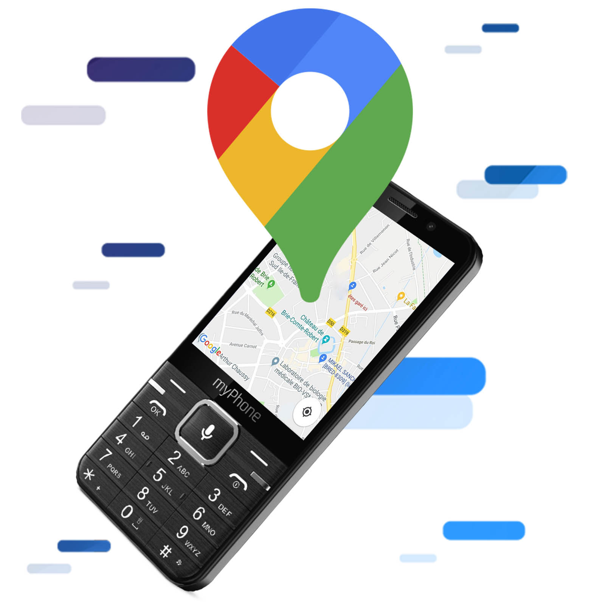 Schwarzes myPhone mit Google Maps-Symbol auf blau-weißem Hintergrund.