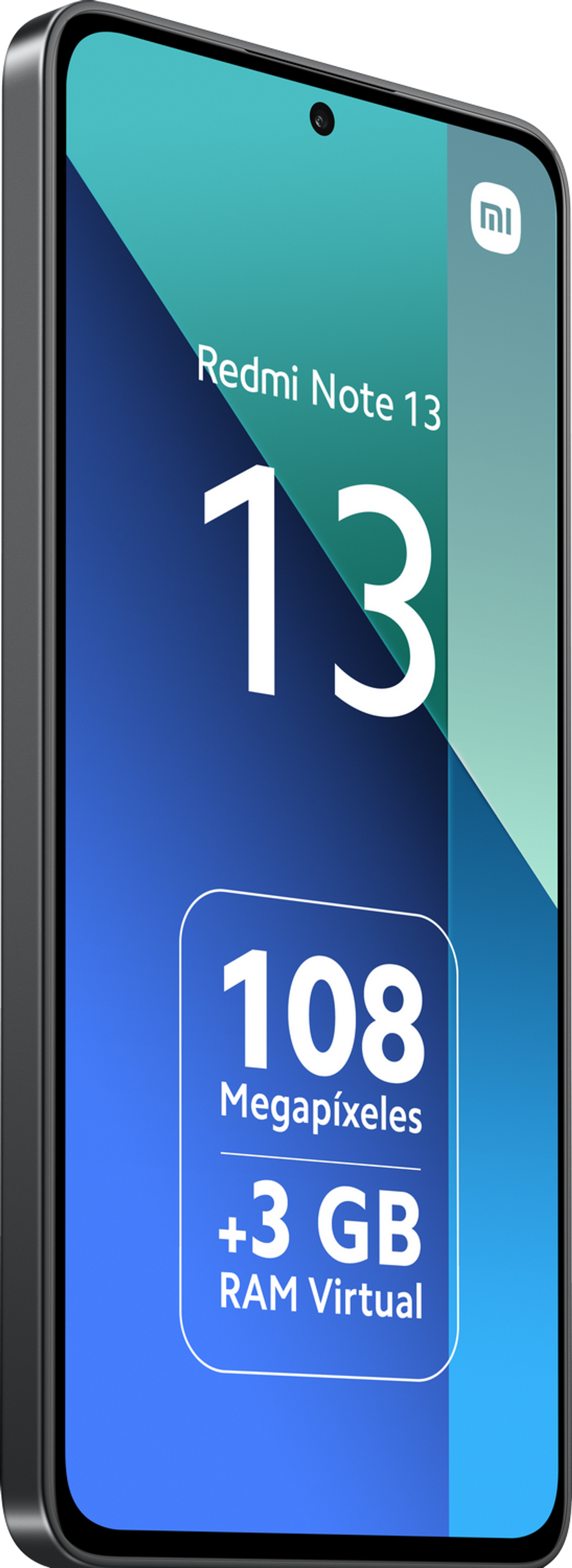 Czarny smartfon z napisem Redmi Note 13 i specyfikacjami na ekranie.