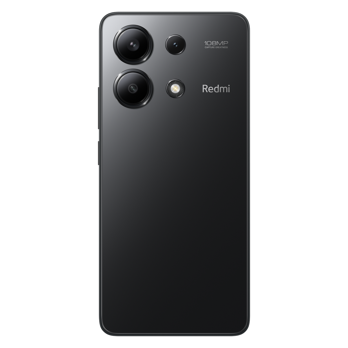 Czarny smartfon z trzema obiektywami i logo Redmi.