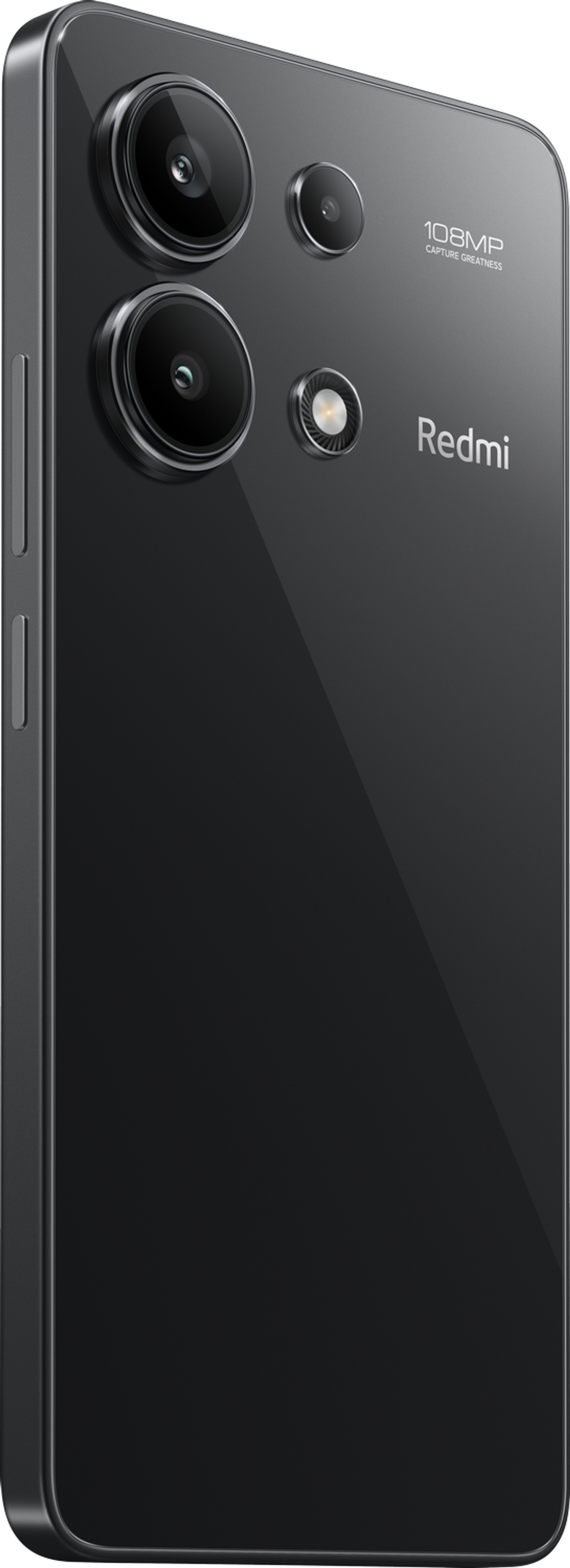 Czarny smartfon z wieloma aparatami. Tył pokazuje logo Redmi. Widok pod kątem.