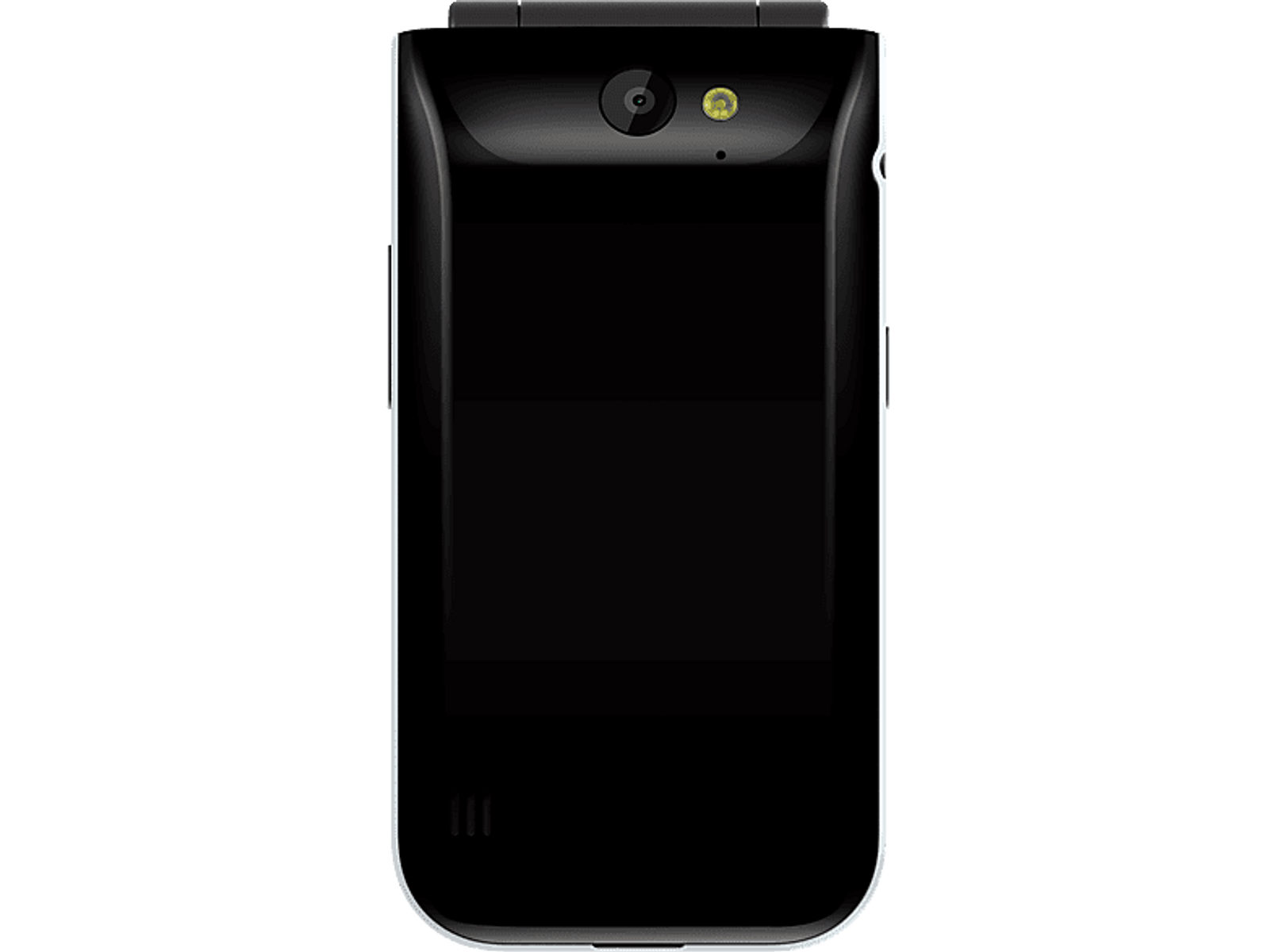 Tył czarnego telefonu z klapką z aparatem i małym głośnikiem.