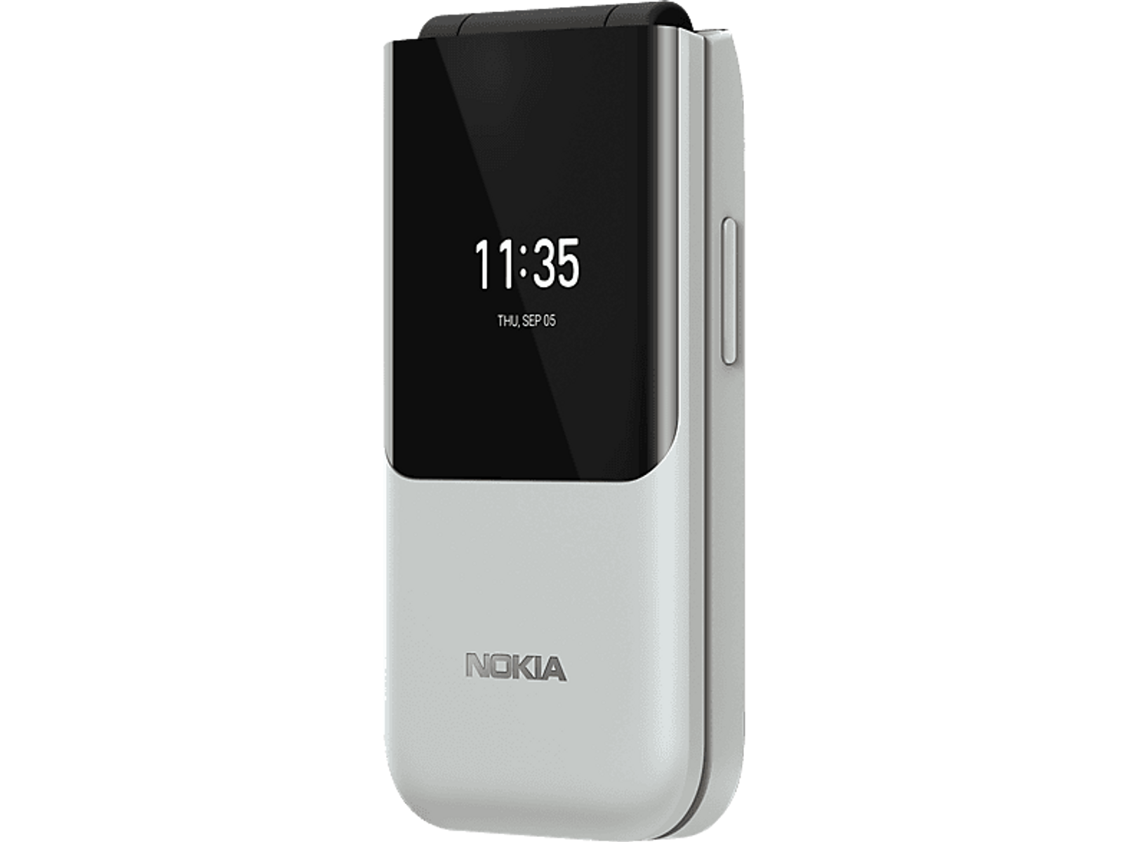 Biało-szary telefon Nokia z klapką. Ekran wyświetla godzinę i datę.