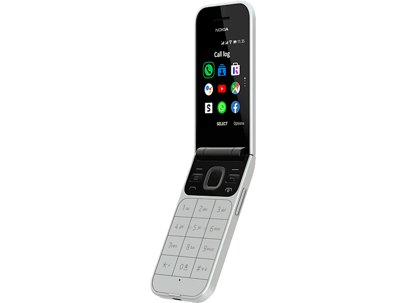 Biały telefon Nokia z klapką, częściowo otwarty, z ikonami aplikacji na ekranie.