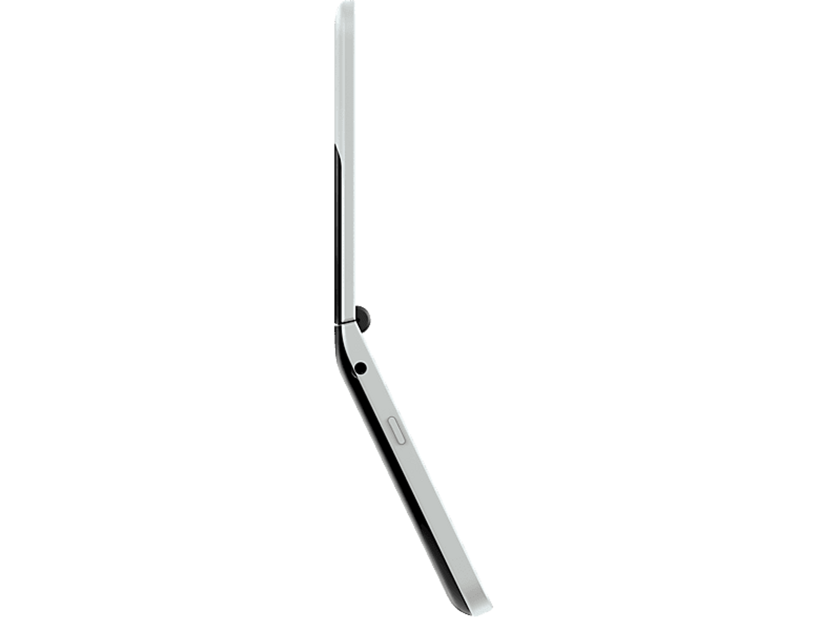 Widok z boku srebrno-czarnego telefonu, w pozycji zamkniętej, na czarnym tle.