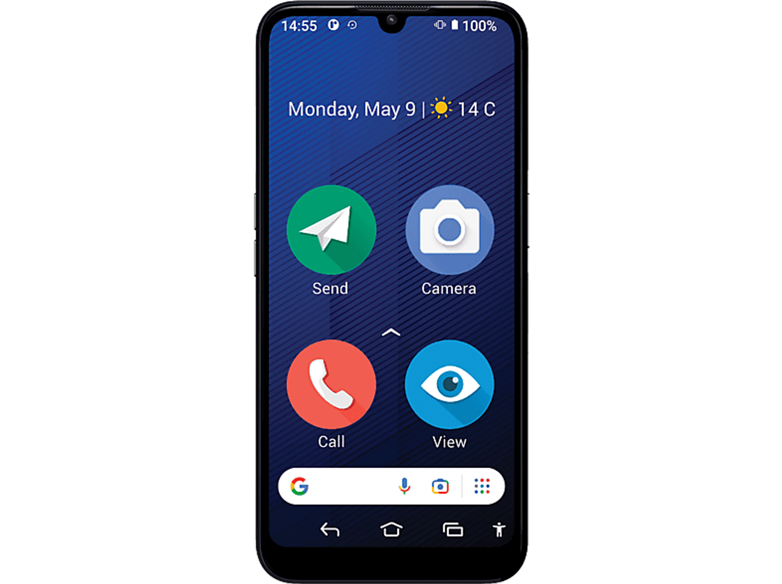 Smartphone mit App-Symbolen auf einem dunkelblauen Bildschirm.