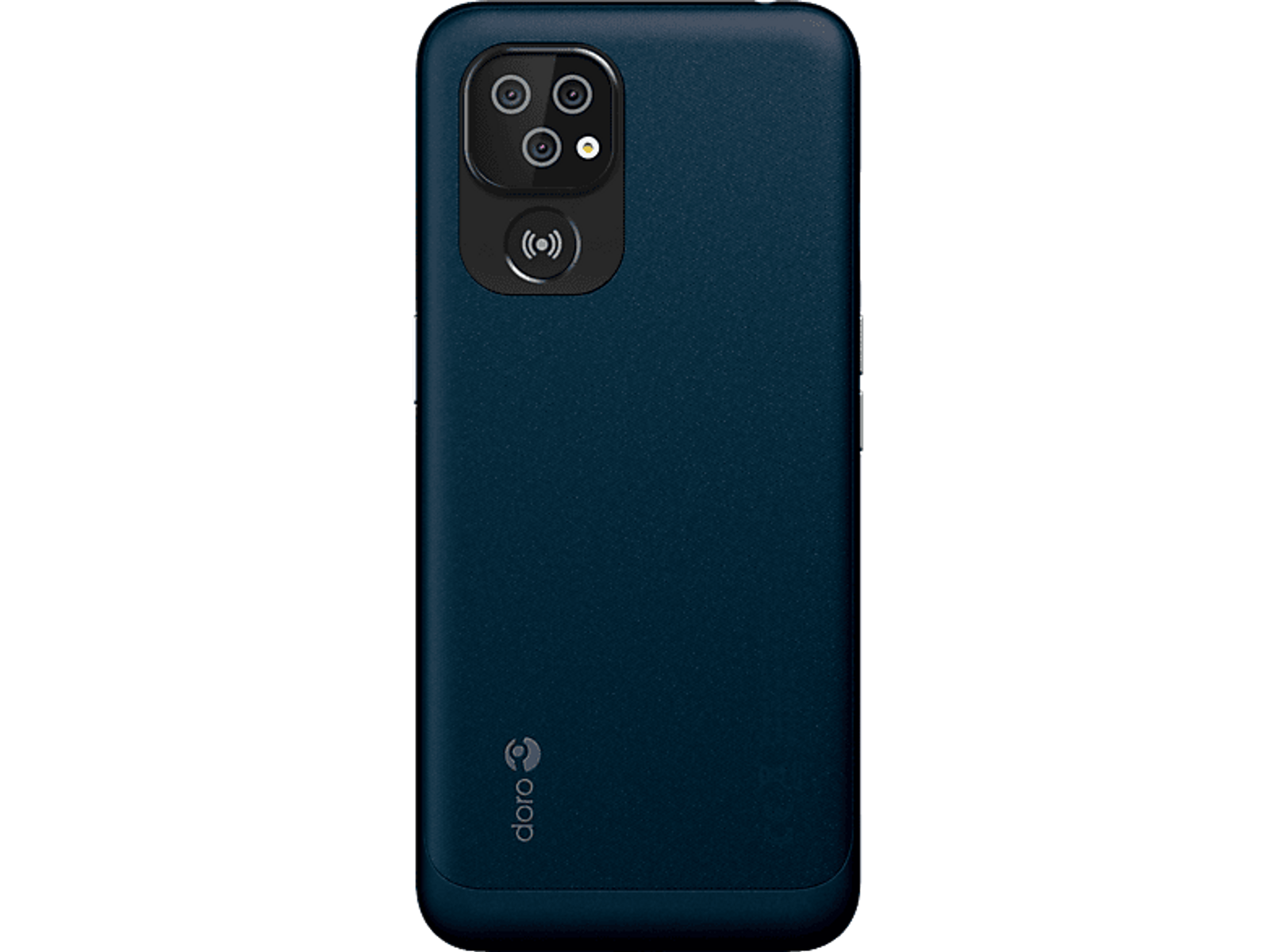 Ein blaues Smartphone mit Kameramodul und einem Symbol für kabelloses Laden auf der Rückseite.