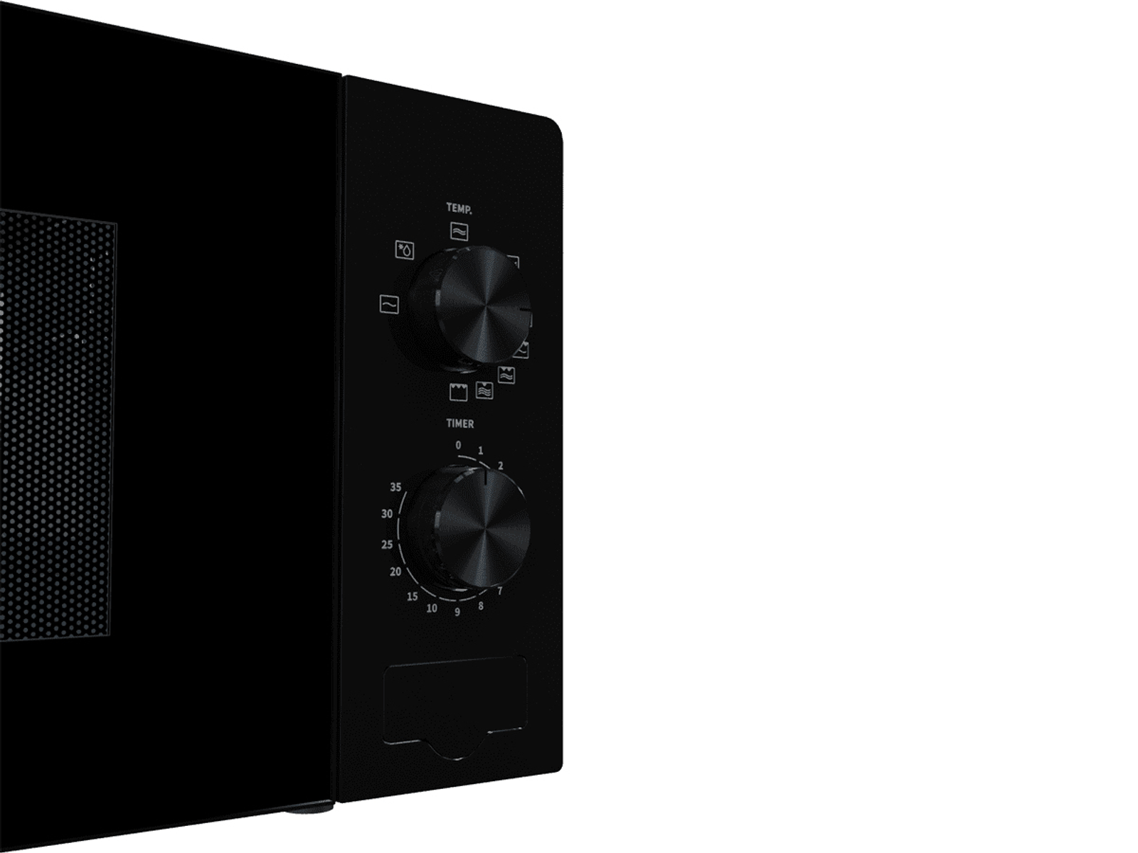 Czarna kuchenka mikrofalowa z panelem sterowania, pokazująca temperaturę i timer.