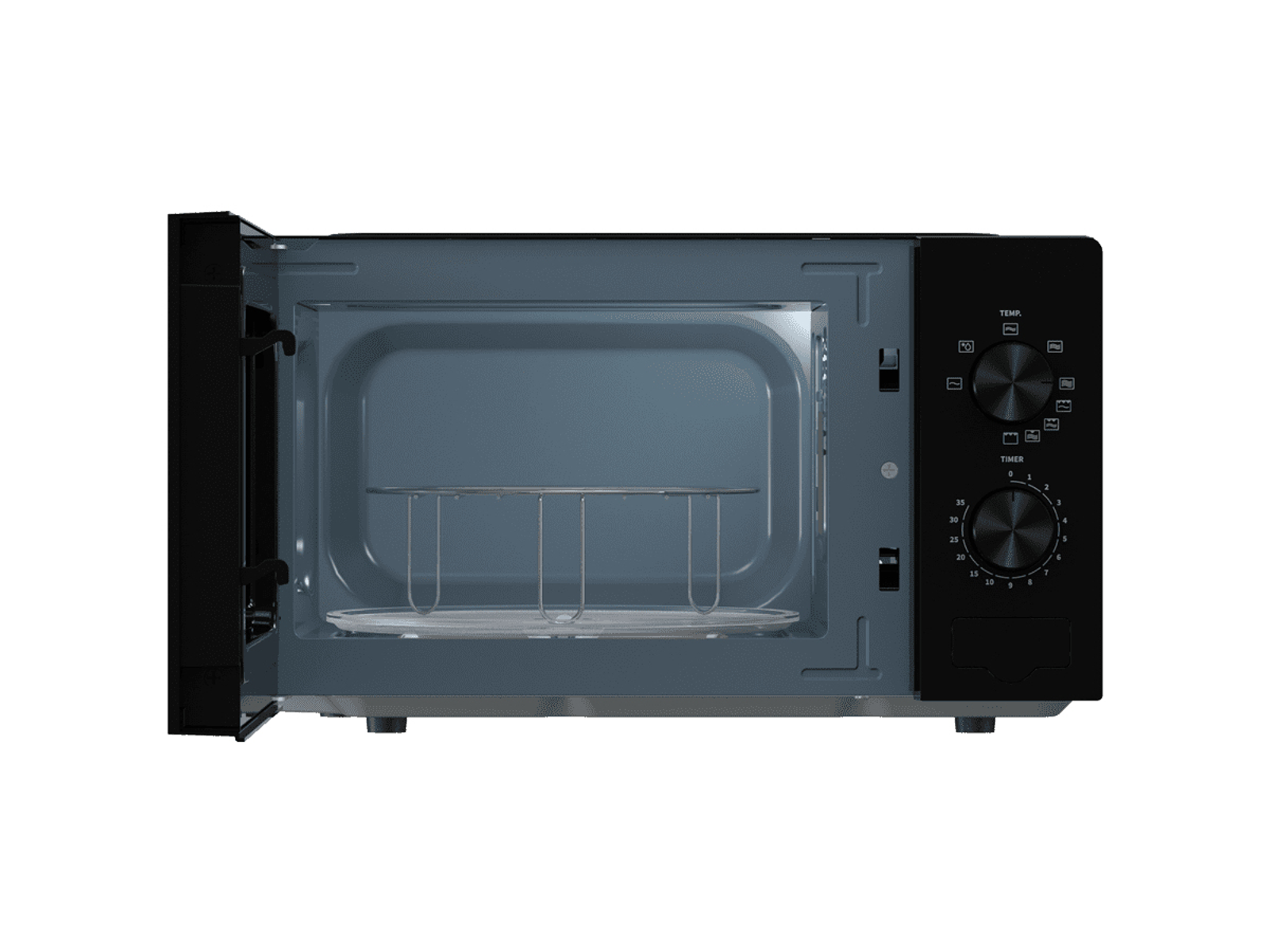 Czarna kuchenka mikrofalowa, otwarta, z metalową kratką w środku.