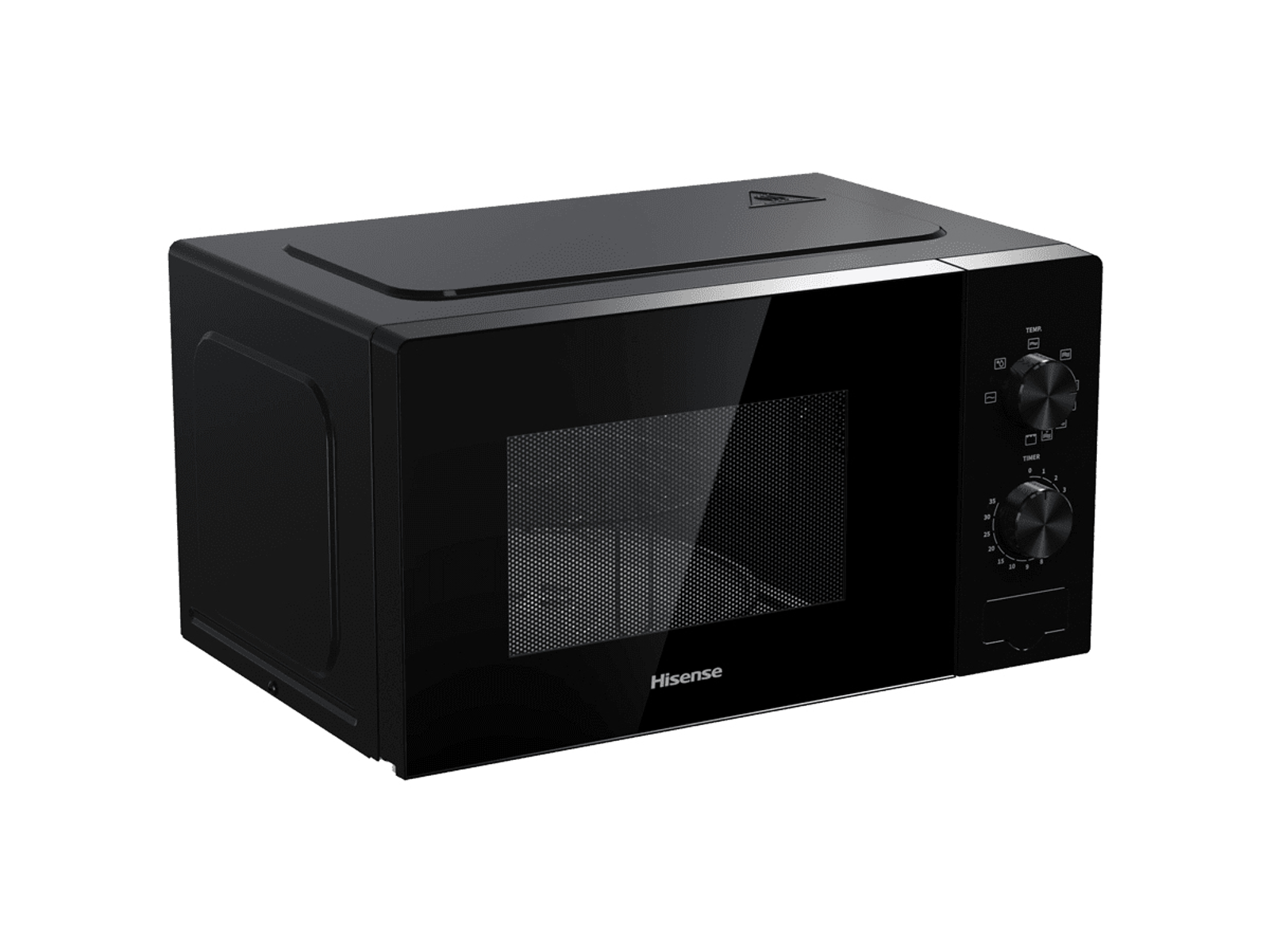 Czarna kuchenka mikrofalowa Hisense, widok z przodu, ze szklanymi drzwiami i pokrętłami.