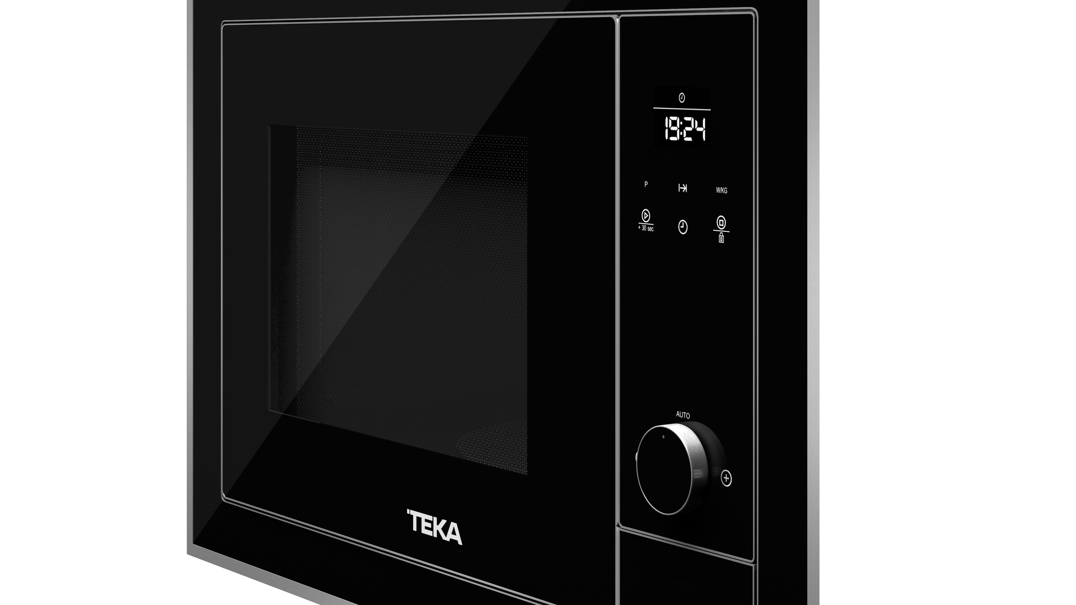 Microondas negro con pantalla digital y mando.