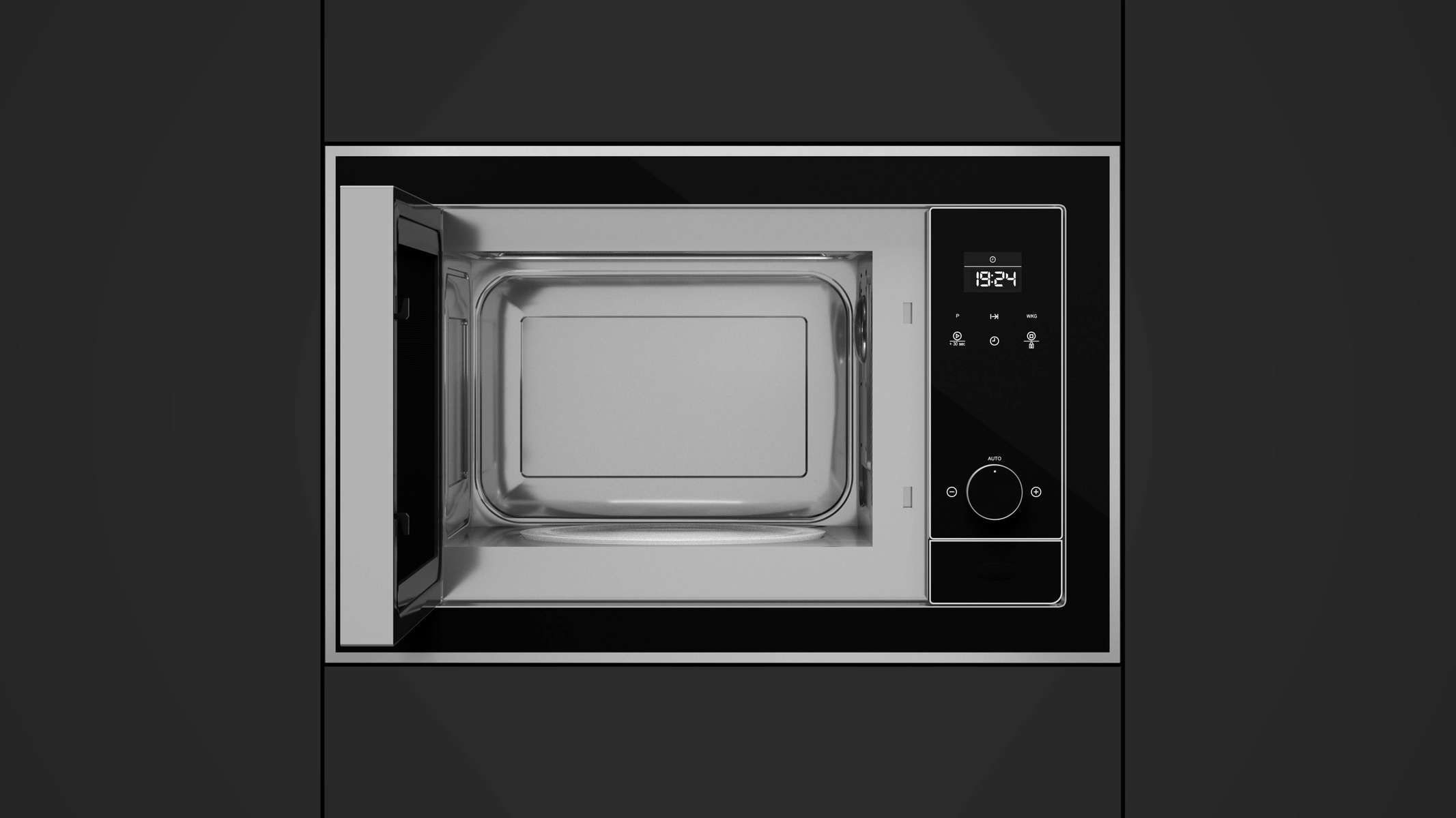 Un horno de microondas negro con la puerta abierta, mostrando el interior y una pantalla digital.