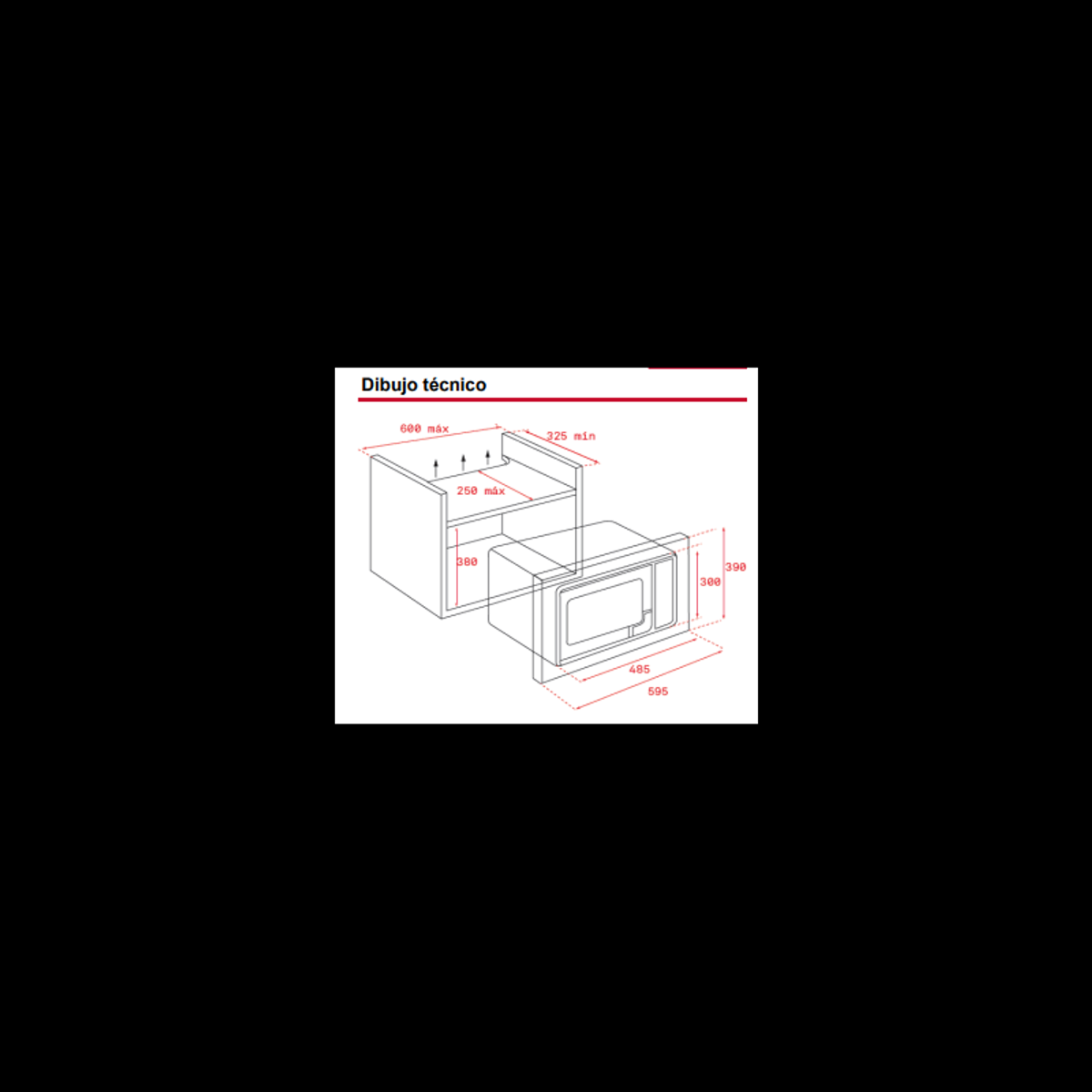 Dibujo técnico de un horno microondas, mostrando dimensiones.