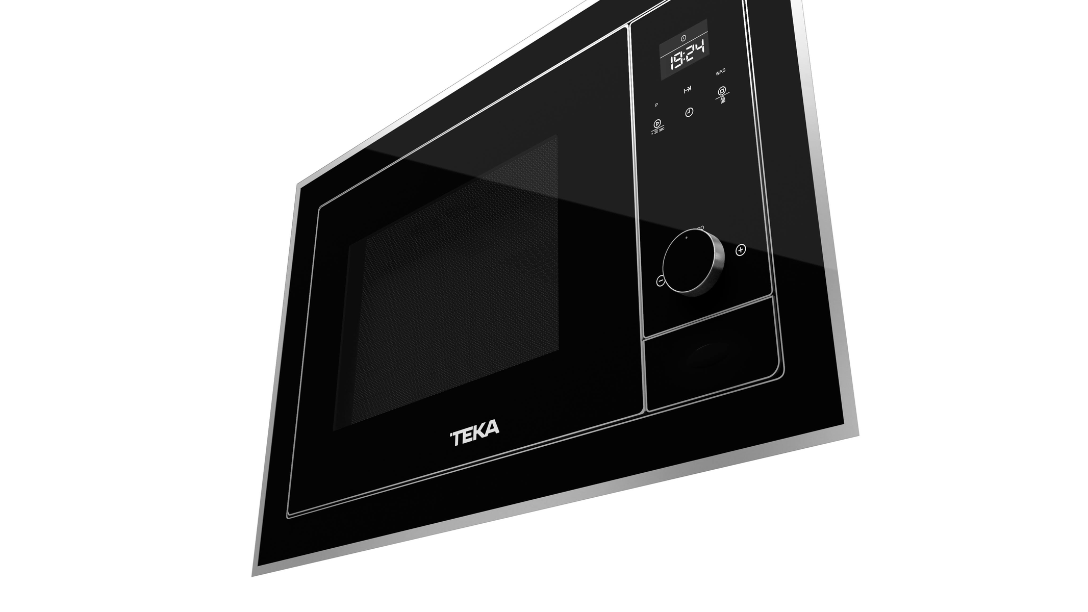 Horno microondas negro con pantalla digital. La marca TEKA es visible.