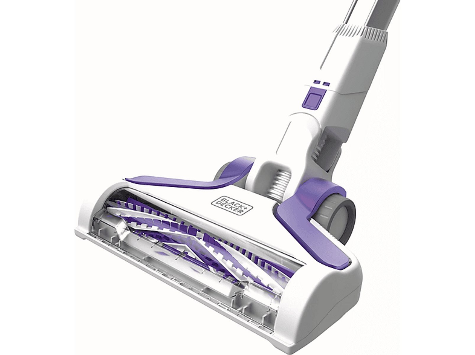Biało-fioletowa głowica odkurzacza z obrotową szczotką i logo 'BLACK+DECKER'.