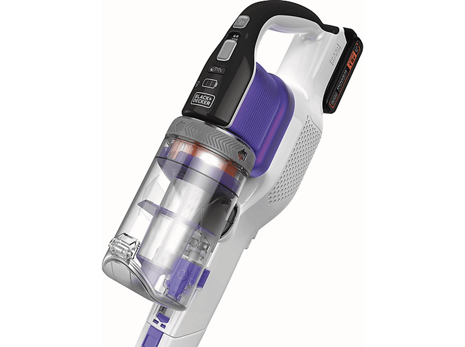 Odkurzacz ręczny. Schemat kolorów biało-fioletowy. Przezroczysty pojemnik na kurz.