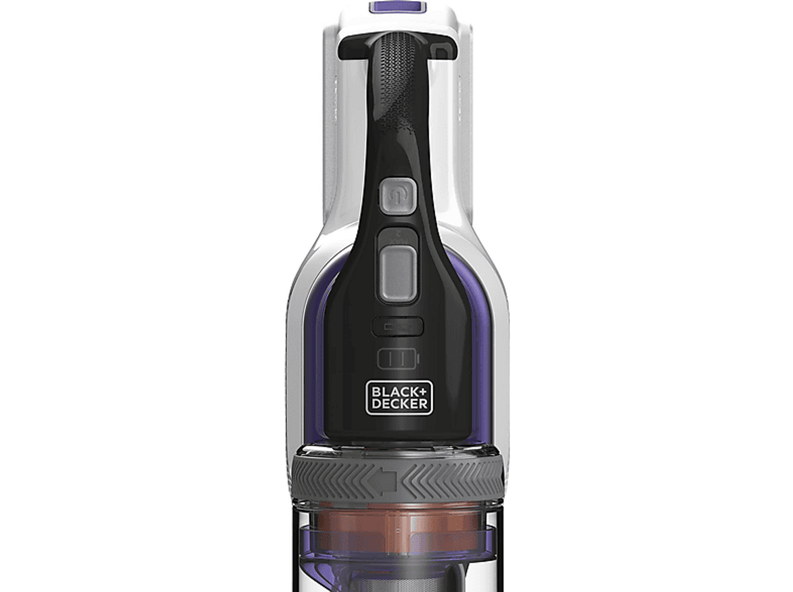 Zbliżenie bezprzewodowego odkurzacza, czarnego i fioletowego, z przyciskiem zasilania i widoczną marką.