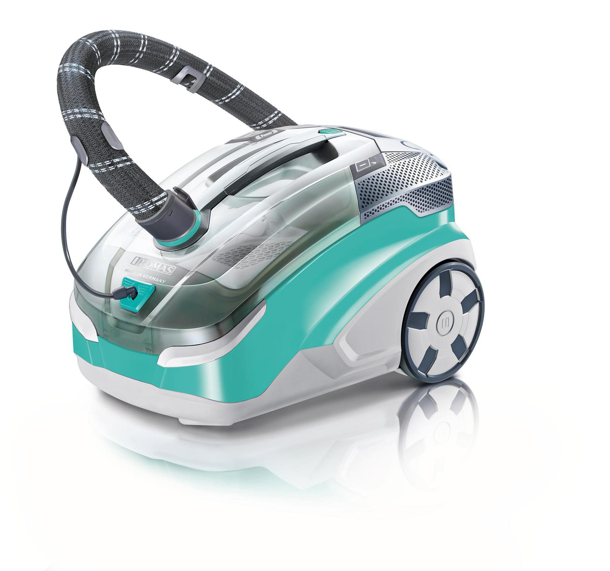 Biało-turkusowy odkurzacz z czarnym wężem.