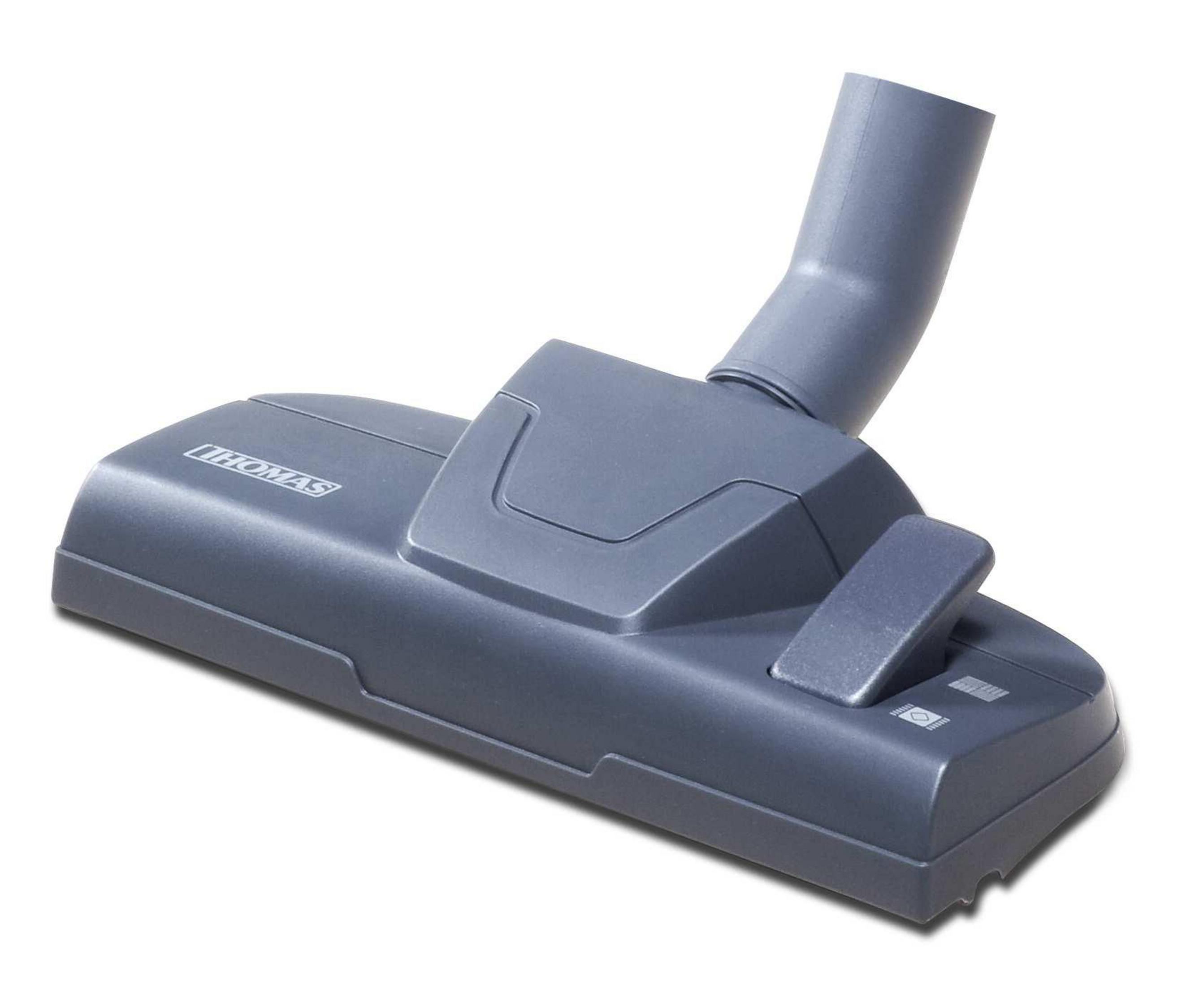 Szara nasadka do odkurzacza. Kątowy wąż na górze. Białe tło.